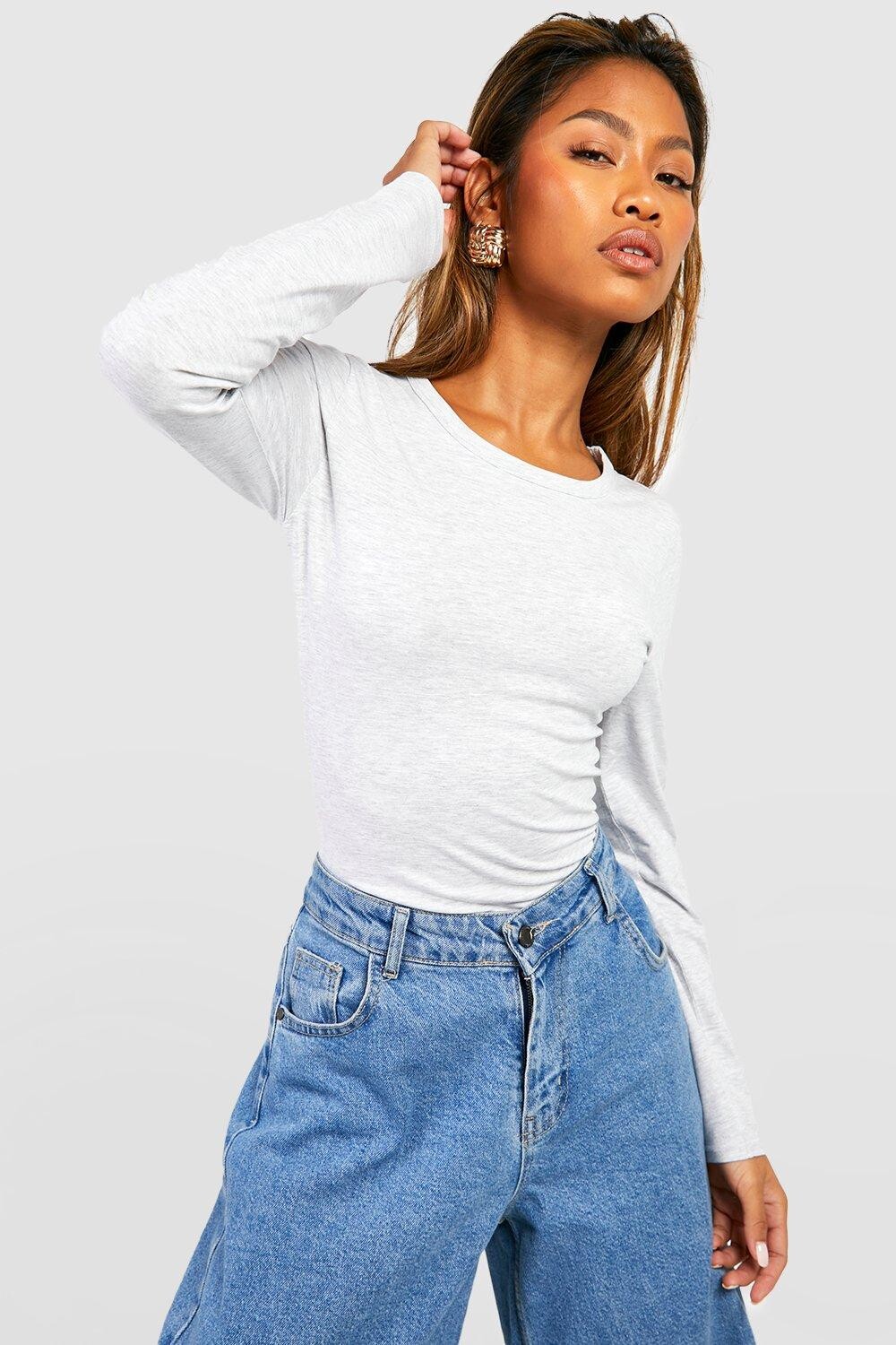 

Базовый топ из хлопка с длинным рукавом и круглым вырезом Boohoo, серый