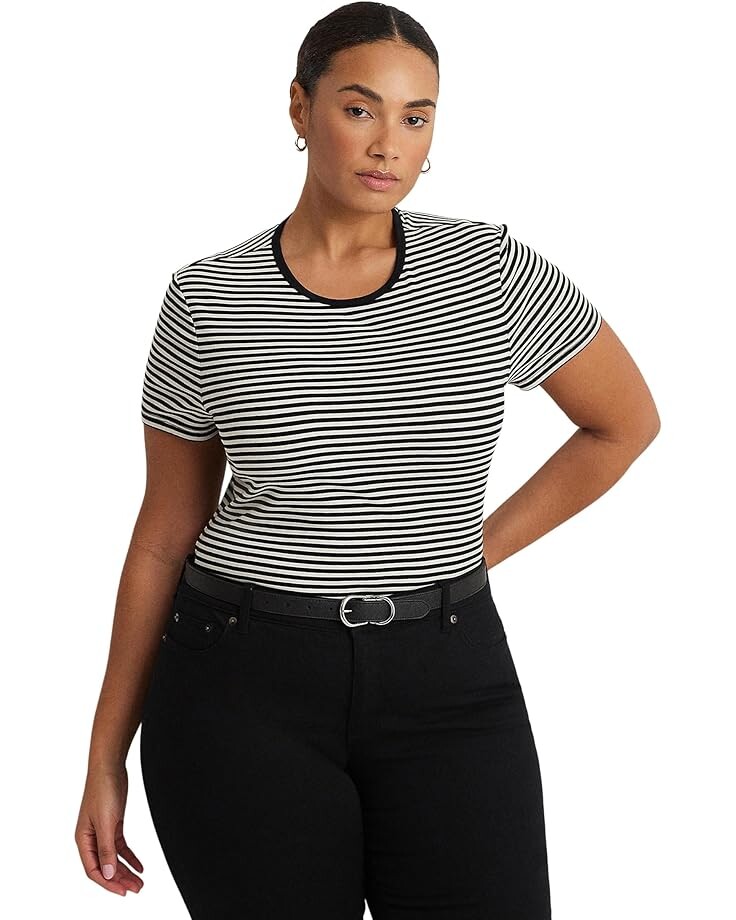 

Футболка LAUREN Ralph Lauren Plus-Size Striped Stretch Cotton Crewneck, черный