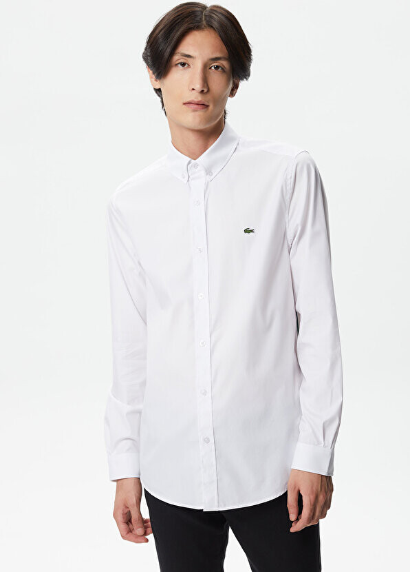 

Белая мужская рубашка slim fit с воротником на пуговицах Lacoste