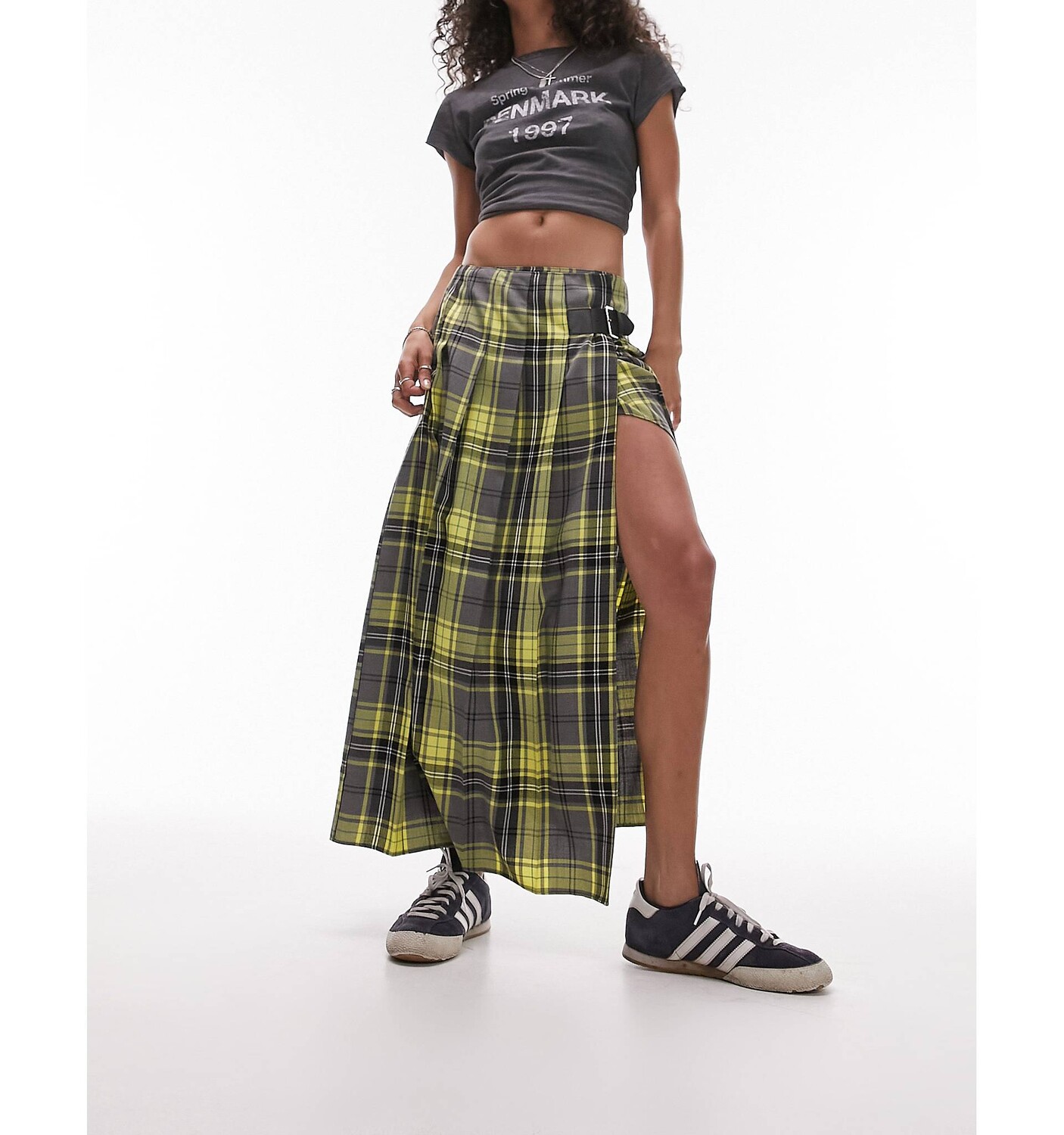 

Желтая клетчатая юбка миди со складками Topshop