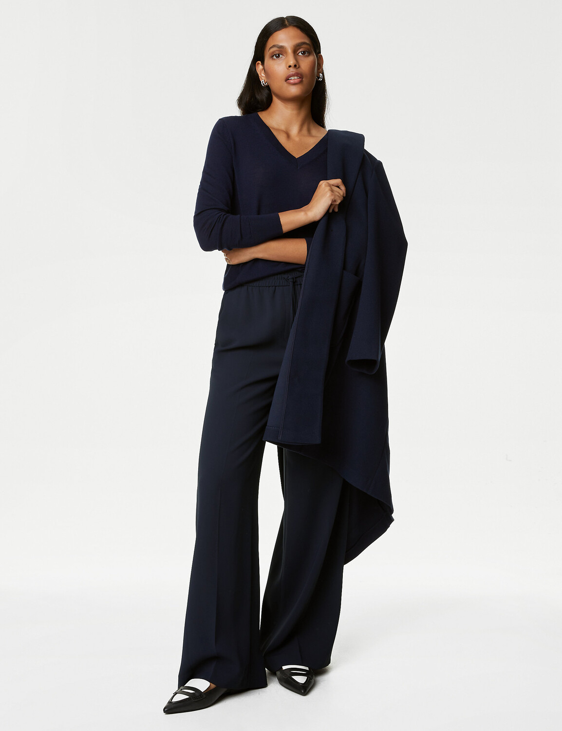 

Широкие брюки из крепа с кулиской Marks & Spencer, темно-синий