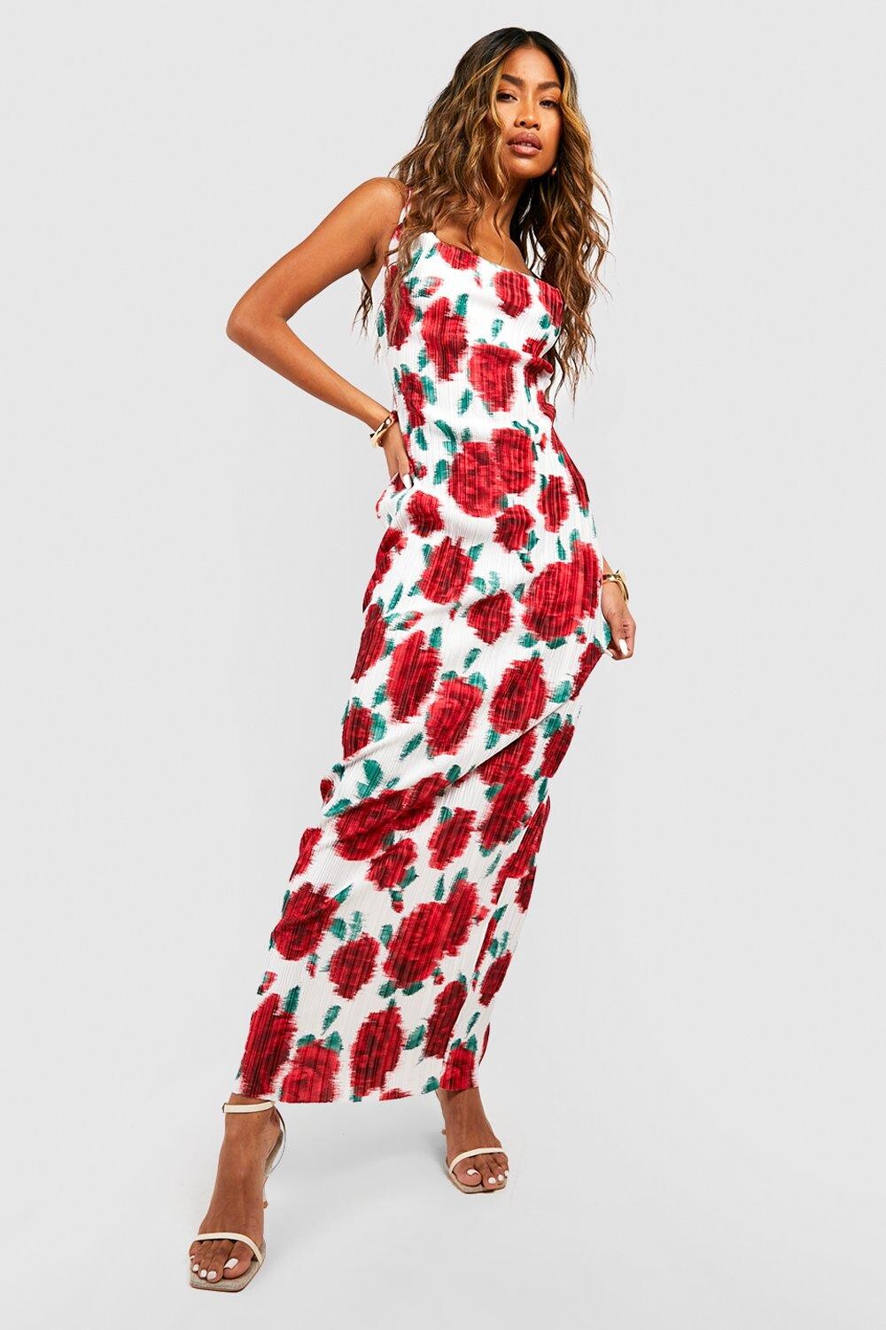 

Платье макси с цветочным плиссом Boohoo, красный