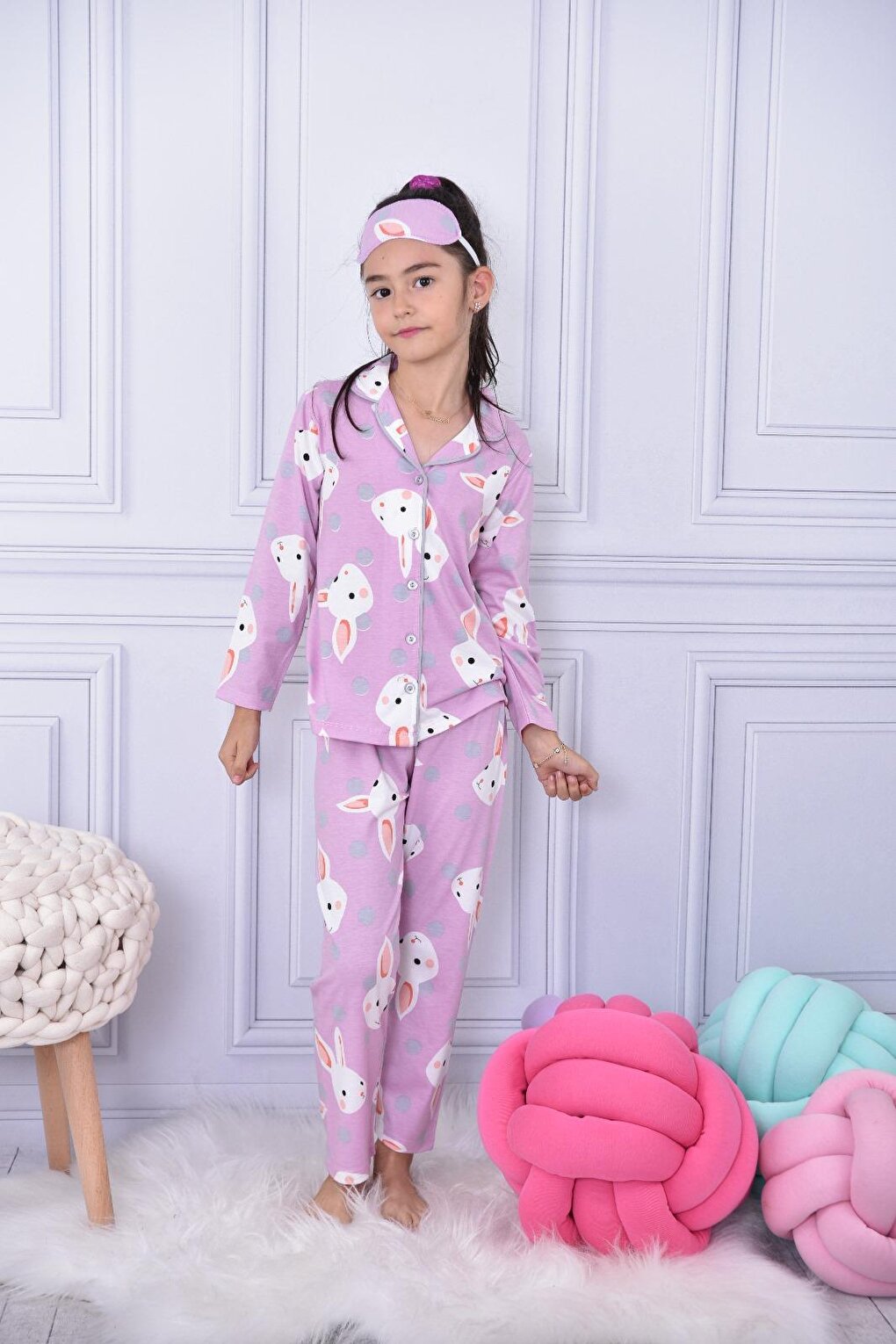 Темно-розовый пижамный комплект для девочки в горошек с кроликом 17088 Pijakids