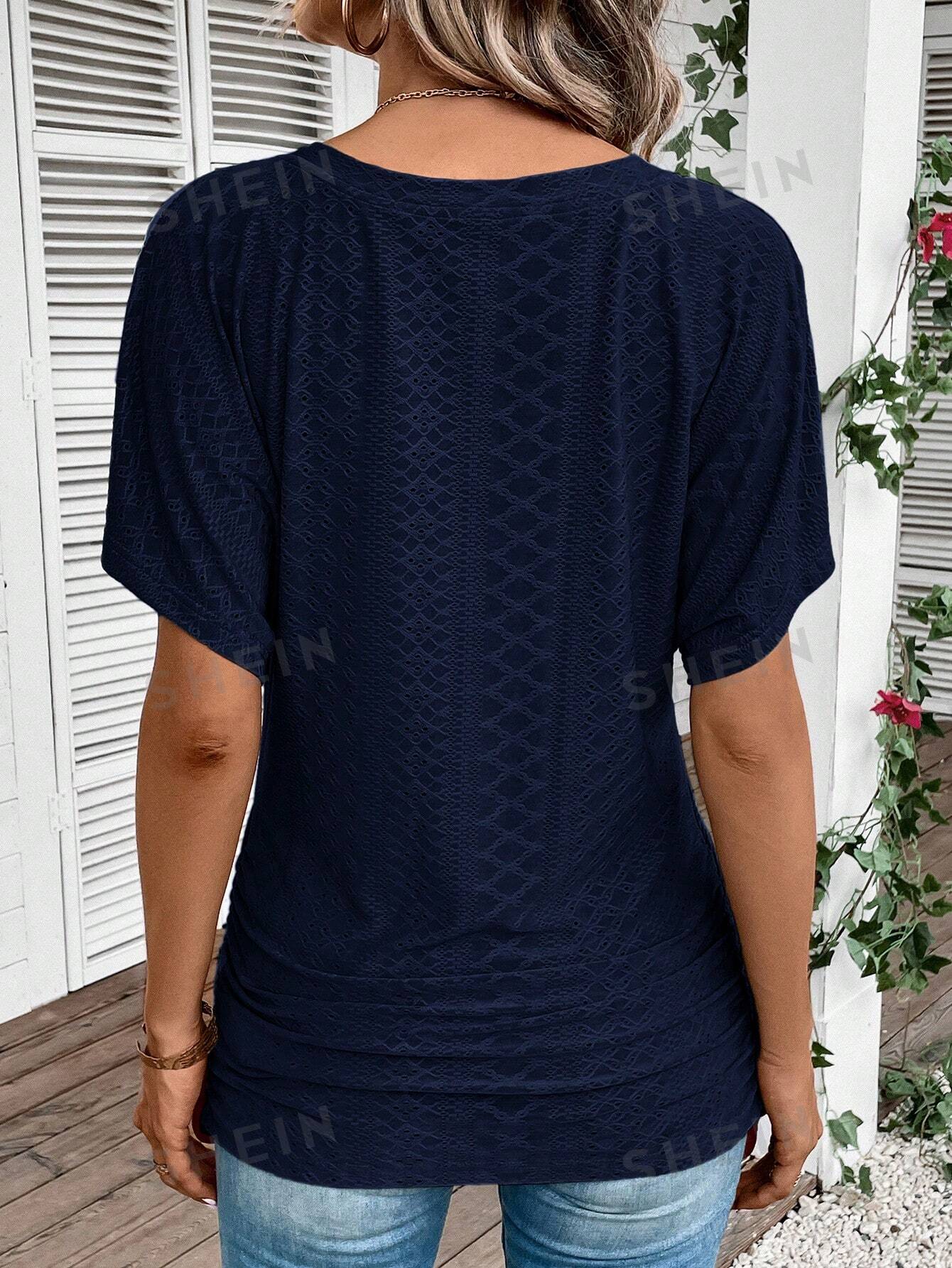SHEIN LUNE Женская однотонная футболка с вышивкой и рукавами «летучая мышь», темно-синий женская свободная блузка с длинным рукавом летучая мышь и разрезом спереди