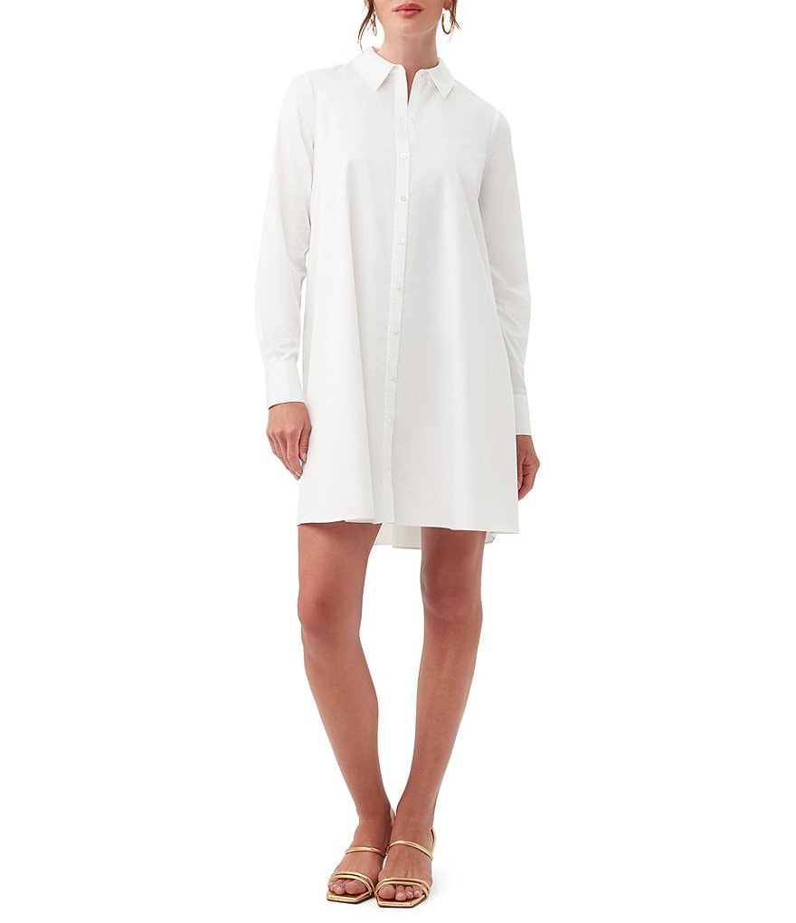 Trina Turk Tulla Платье-рубашка оверсайз из органического хлопка с острым воротником на пуговицах и плиссированной спиной с высоким и низким подолом, белый