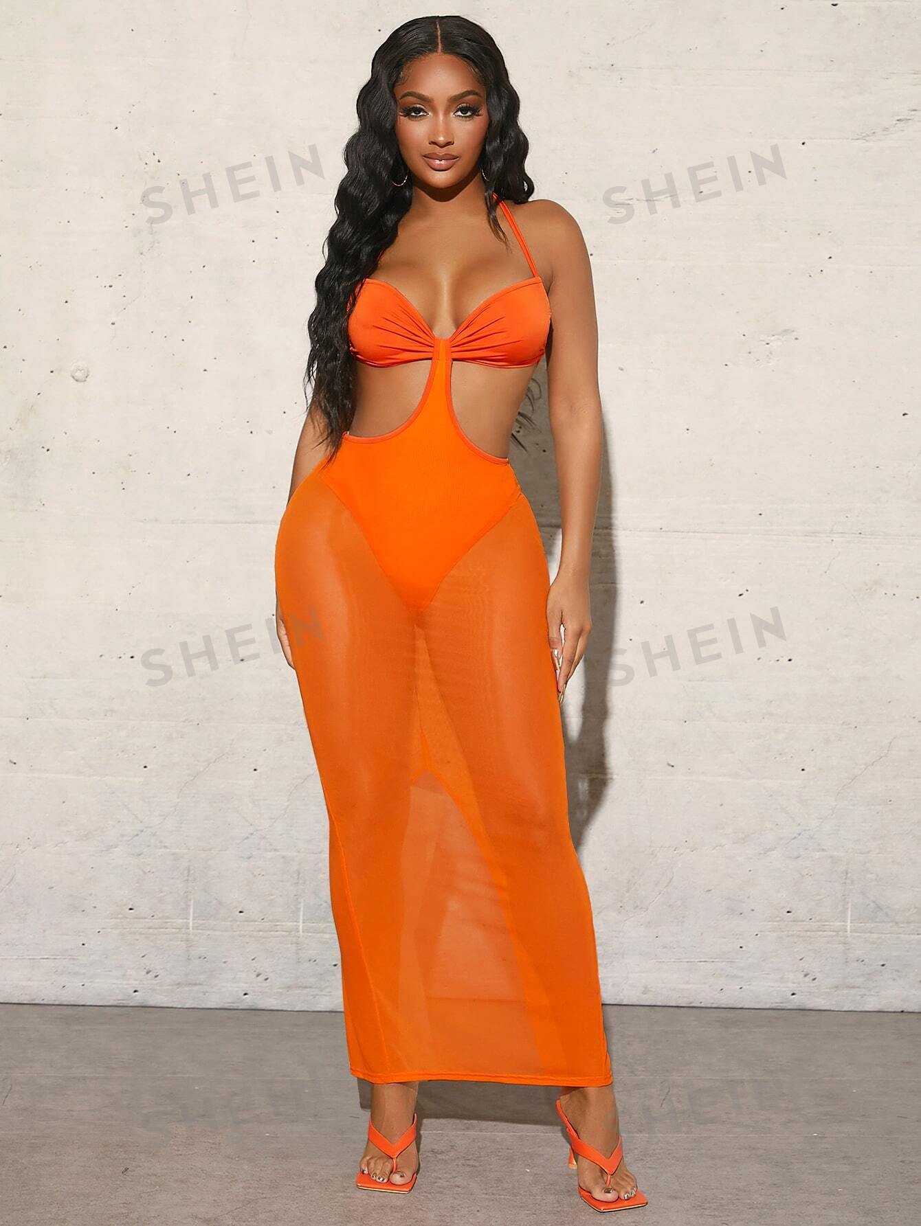 SHEIN SXY Однотонное платье макси с открытой спиной и открытой спиной, апельсин мини платье annorlunda с открытой спиной рюшами и корсажем