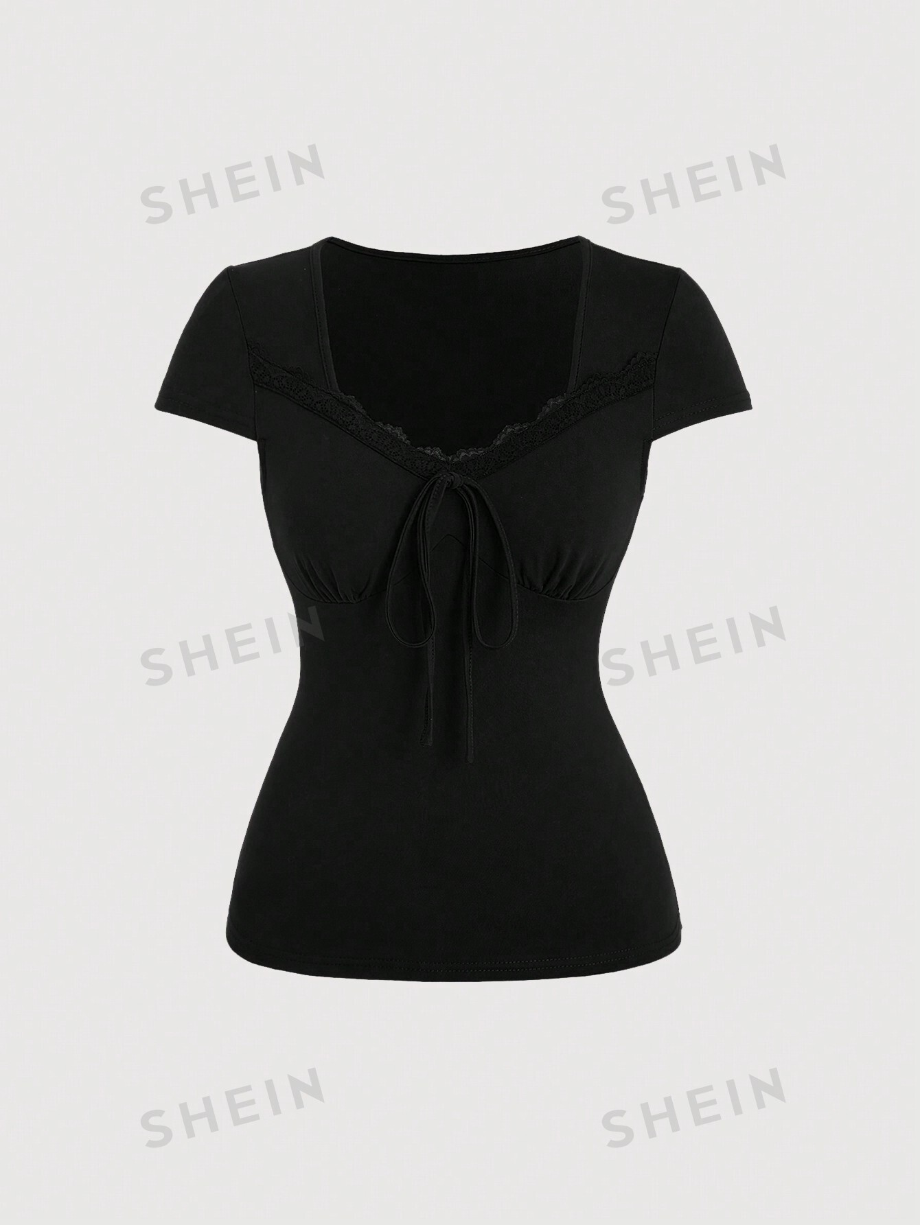 SHEIN Qutie Женская кружевная футболка в стиле пэчворк с цветочным принтом и вырезом в форме сердца, черный