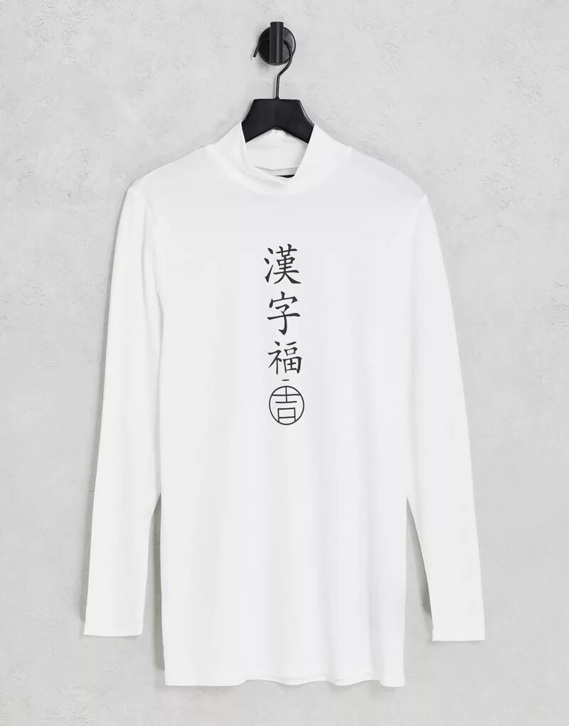 Белый сетчатый топ с длинными рукавами и воротником-воронкой Liquor N Poker в японском стиле черная облегающая футболка с длинными рукавами и высоким воротником liquor n poker с японским текстовым принтом по всей длине