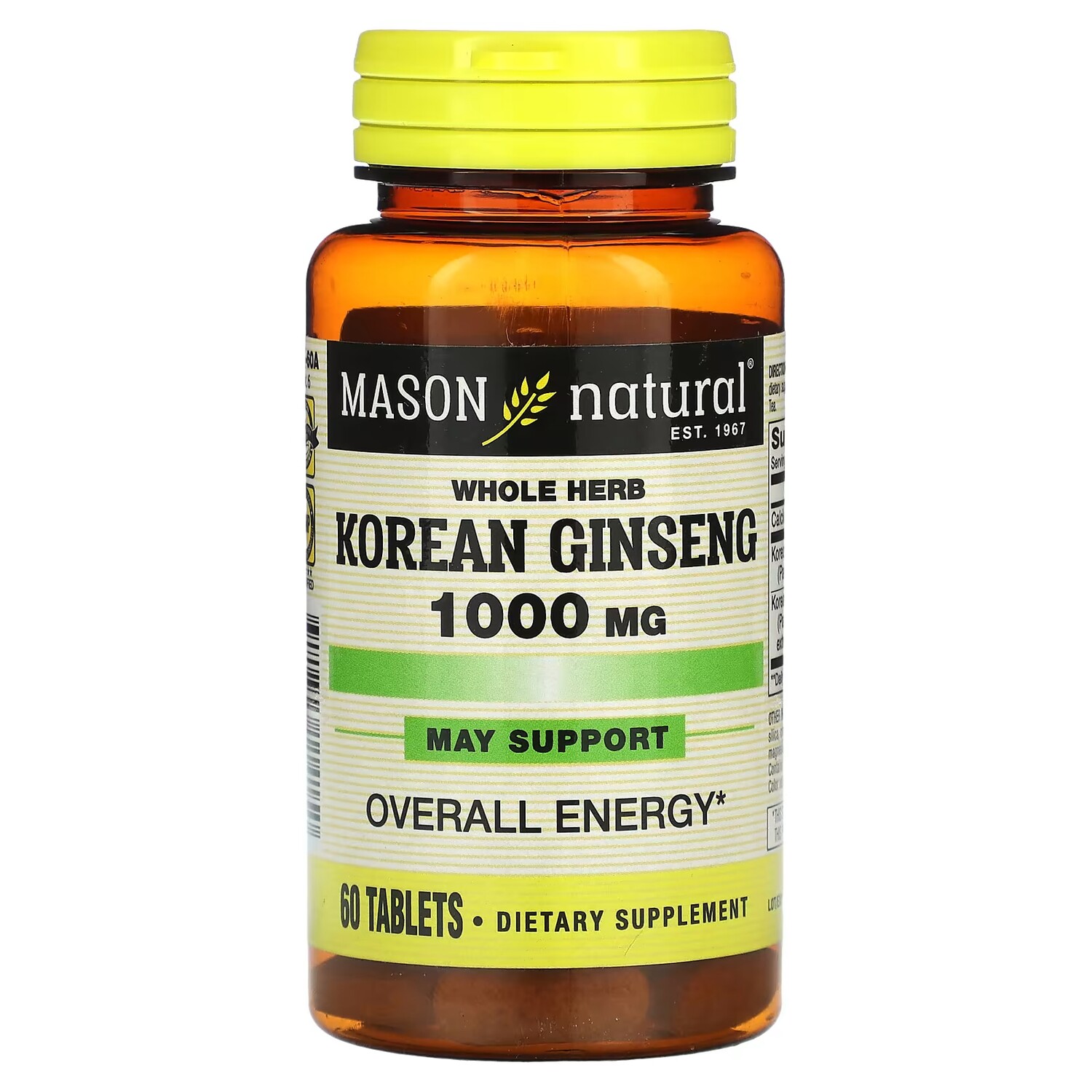 

Цельнотравный корейский женьшень Mason Natural, 60 таблеток