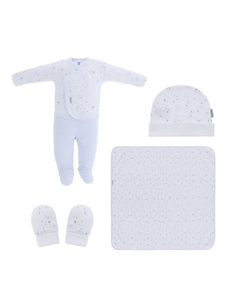 Комплект первой одежды для мальчика из пяти предметов со звездным принтом Cambrass, светло-синий
