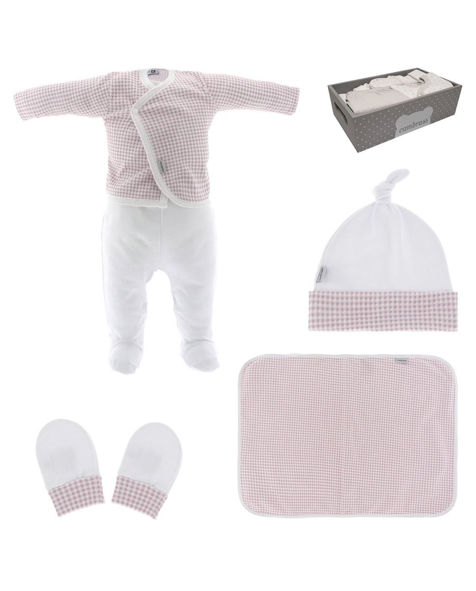 Комплект из пяти предметов первой одежды для девочки с розовым принтом в мелкую клетку Cambrass, розовый