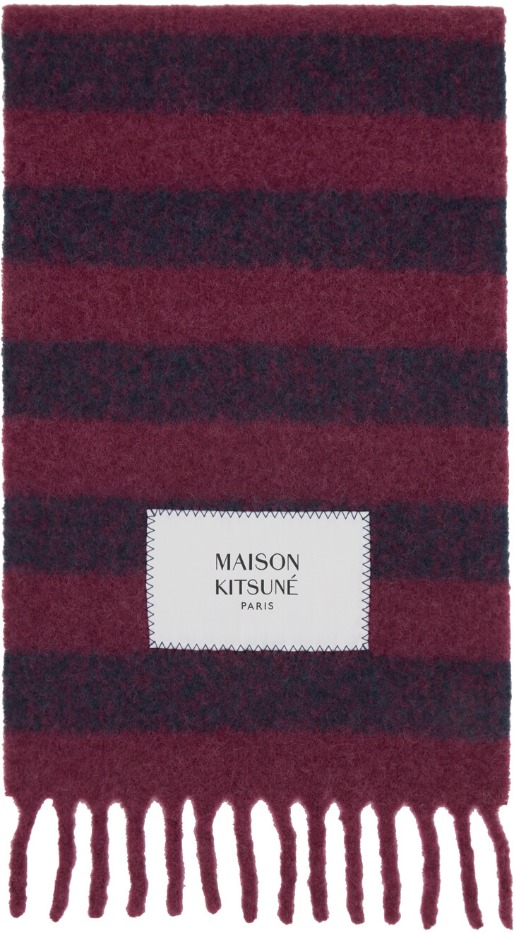 

Бордовый и темно-синий полосатый шарф Maison Kitsune