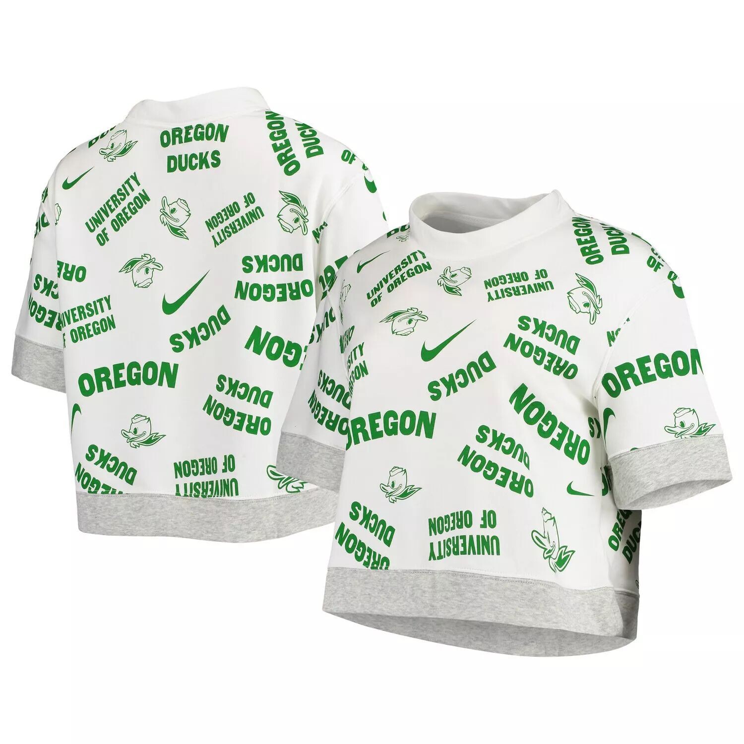 

Женская укороченная футболка из трех смесей белого/серого цвета с принтом Nike Oregon Ducks со сплошным трендом Nike