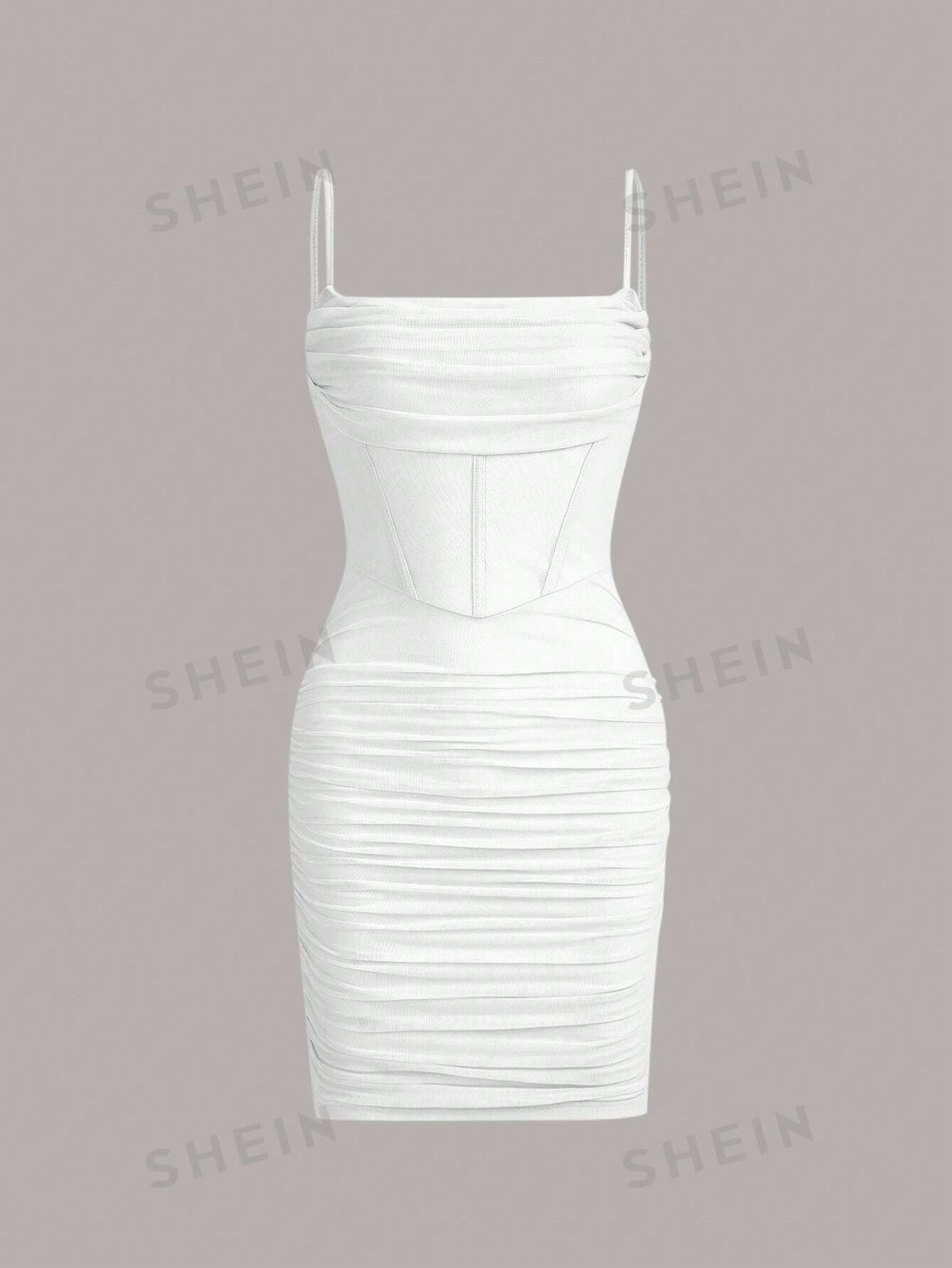 SHEIN MOD Платье на тонких бретельках из сетчатой ​​ткани с рюшами и цветочным принтом, белый цена и фото