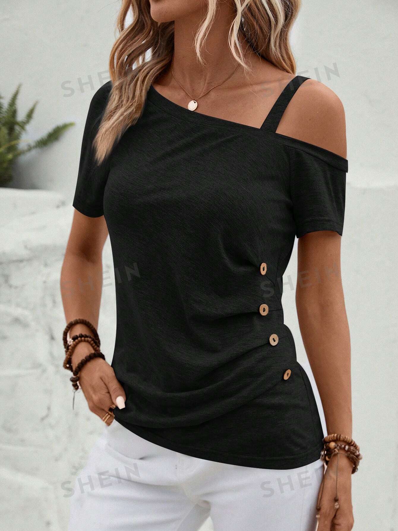 SHEIN Clasi Асимметричная футболка с воротником и пуговицами, черный