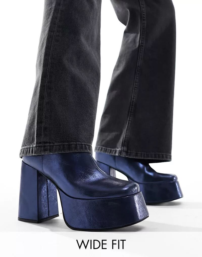 Темно-синие блестящие ботинки на высоком каблуке на платформе ASOS