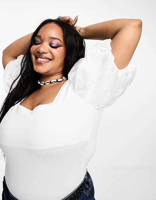 

Белое боди из хлопкового поплина с объемными рукавами ASOS DESIGN Curve