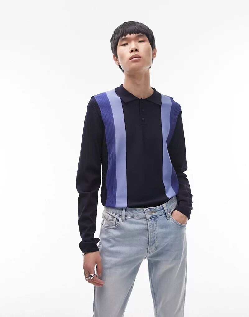 

Темно-синяя рубашка-поло в рубчик с длинными рукавами Topman