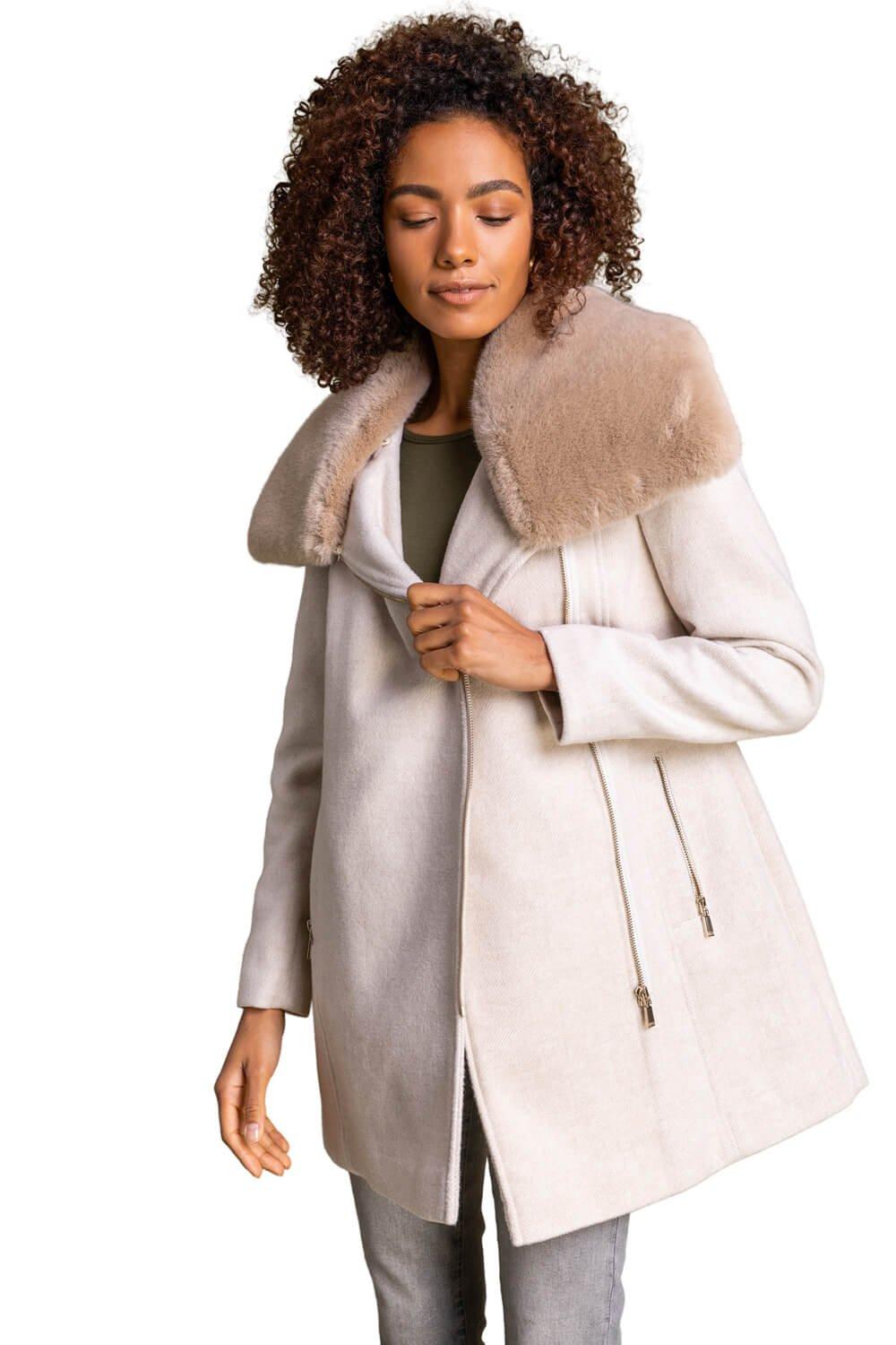 Деловое пальто с воротником из искусственного меха Roman, бежевый пальто из ягненка новое зимнее пальто женское короткое флисовое пальто с мягким воротником спереди и сзади