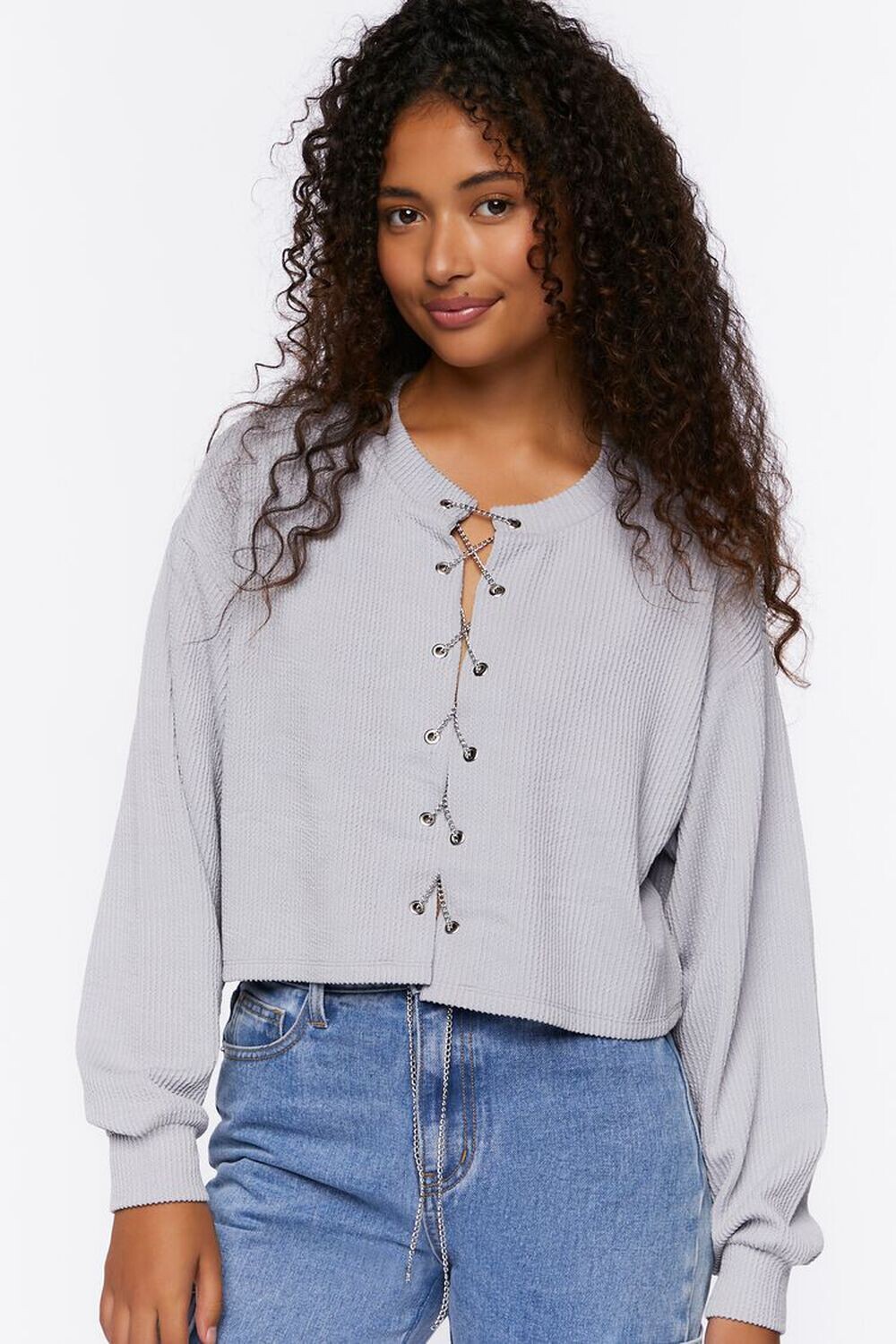 

Укороченный топ с цепочкой на шнуровке и люверсами Forever 21, серый