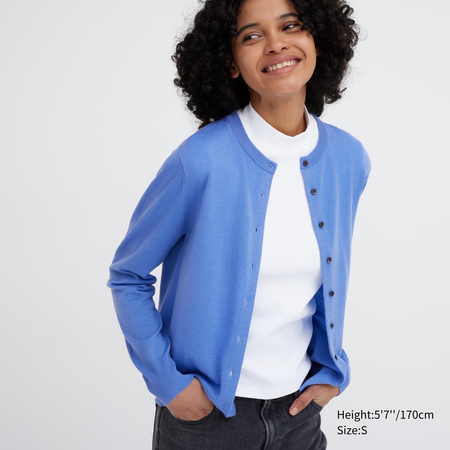 

Кардиган Uniqlo женский из шерсти мериноса с круглым вырезом, синий