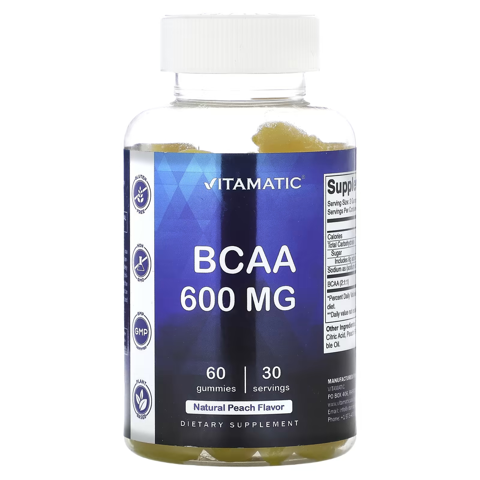 Пищевая добавка Vitamatic BCAA Natural Peach 600 мг, 60 жевательных таблеток vitamatic веганский пирог с вишней и семенами сельдерея натуральная вишня 1200 мг 60 жевательных таблеток
