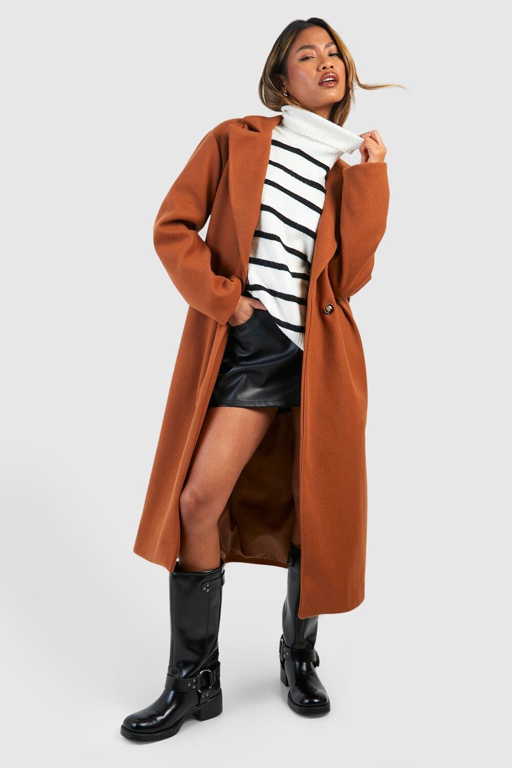 

Шерстяное пальто с подплечниками и поясом boohoo, коричневый