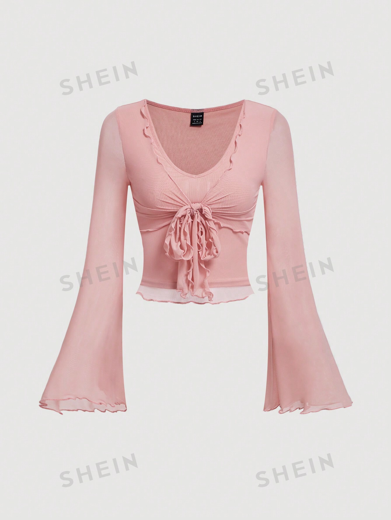 SHEIN MOD Женская футболка с завязками спереди и рукавами-колокольчиками, розовый