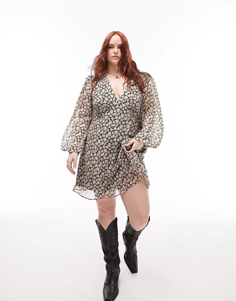 

Розовое повседневное мини-платье с V-образным вырезом и цветочным принтом Topshop