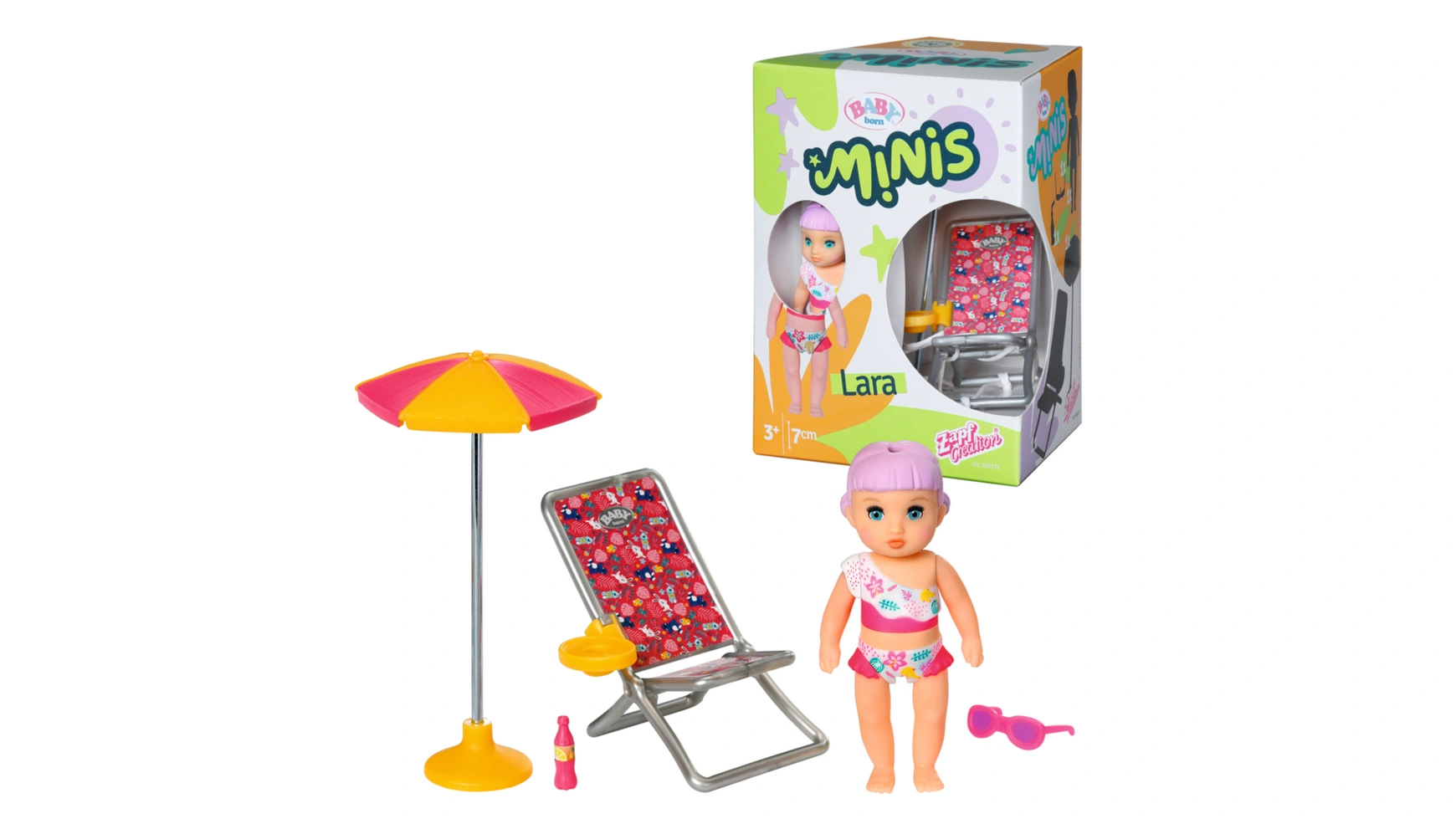 Baby Born Minis игровой набор Summertime, кукла Лара высотой 7 см с шезлонгом, зонтиком и бутылкой цена и фото