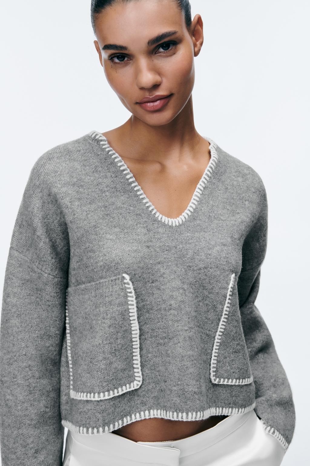 Укороченный трикотажный свитер с контрастной отстрочкой ZARA, серый мергель трикотажный укороченный свитер zara белый