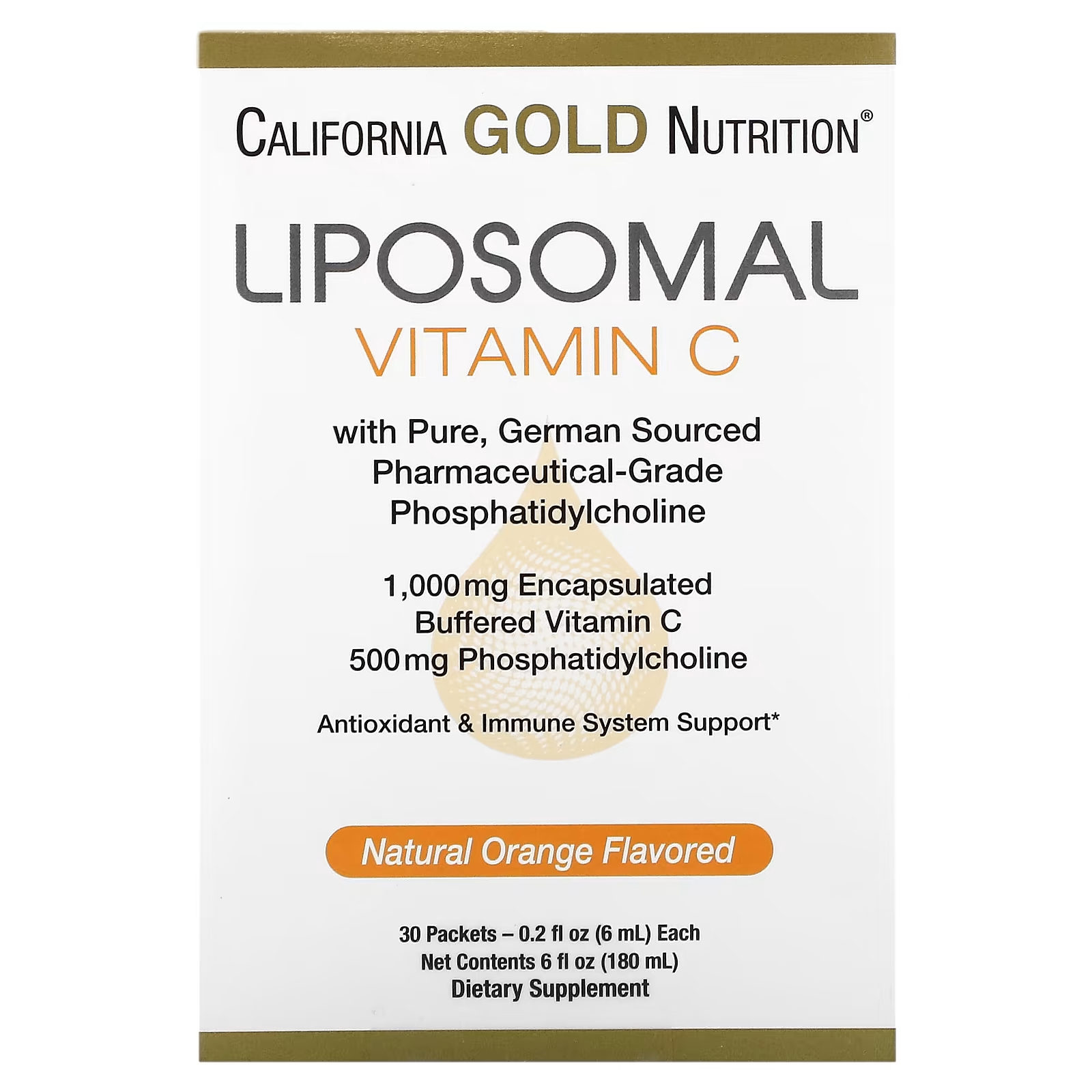 цена Липосомальный витамин С от California Gold Nutrition, 1000 мг, 30 пакетов по 0,2 жидких унции (6 мл) каждый