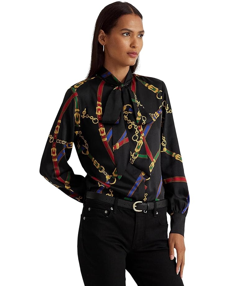 

Блуза LAUREN Ralph Lauren Petite Belting-Print Twill Tie-Neck, черный