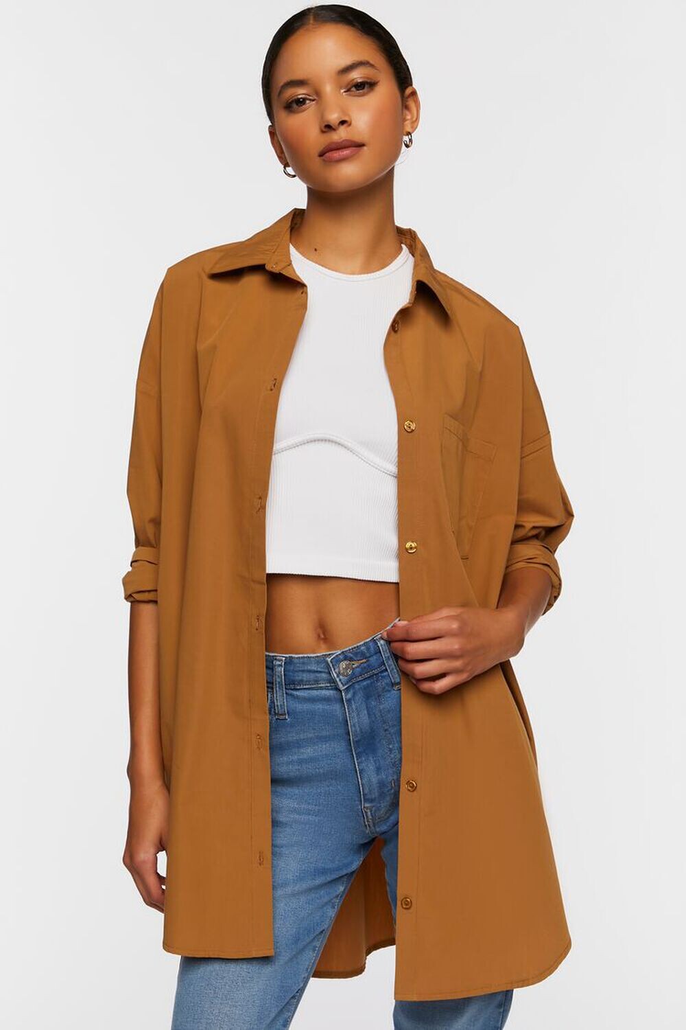 

Длинная рубашка оверсайз из поплина Forever 21, капучино