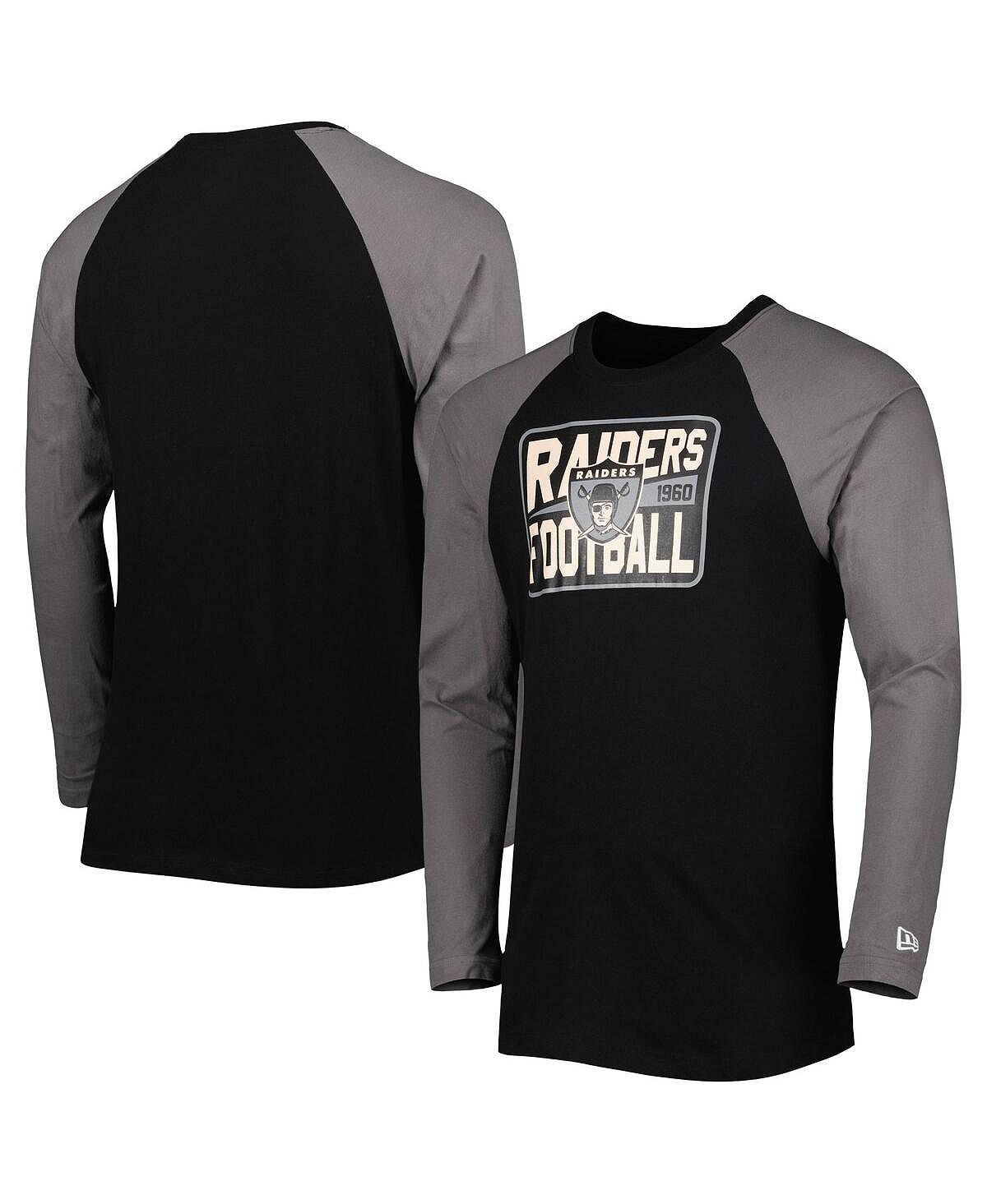 мужская черная футболка las vegas raiders throwback junk food черный Мужская черная футболка с длинным рукавом Las Vegas Raiders Throwback реглан New Era