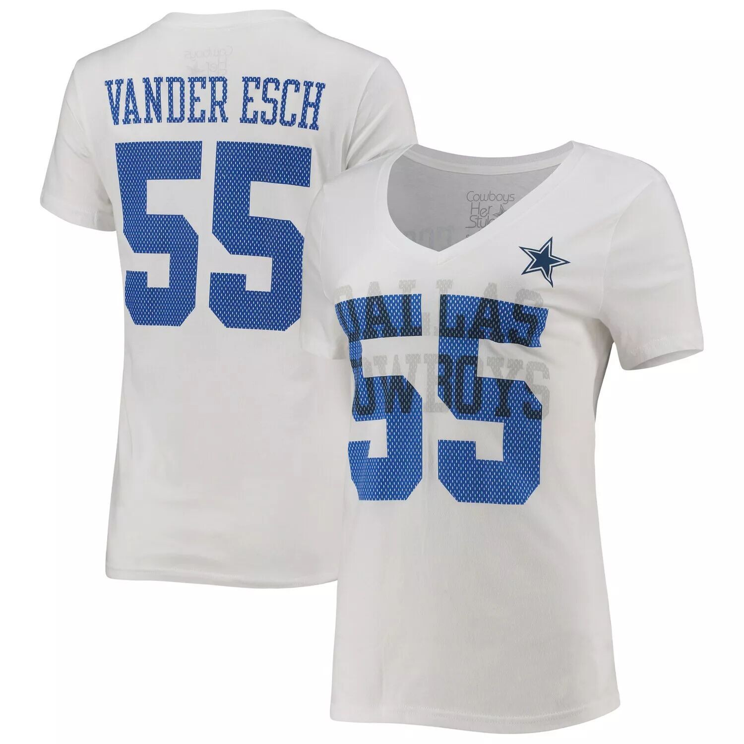 

Женская футболка Leighton Vander Esch White Dallas Cowboys Ashlee с именем и номером игрока с v-образным вырезом