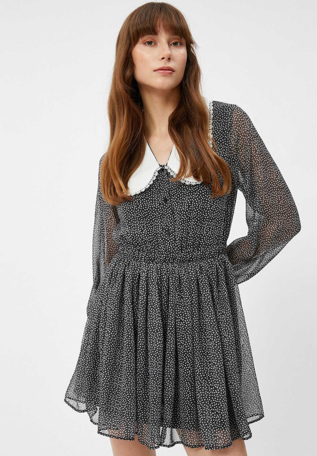 Платье-рубашка Puff Sleeve Peter Pan Collar Floral Koton, черный