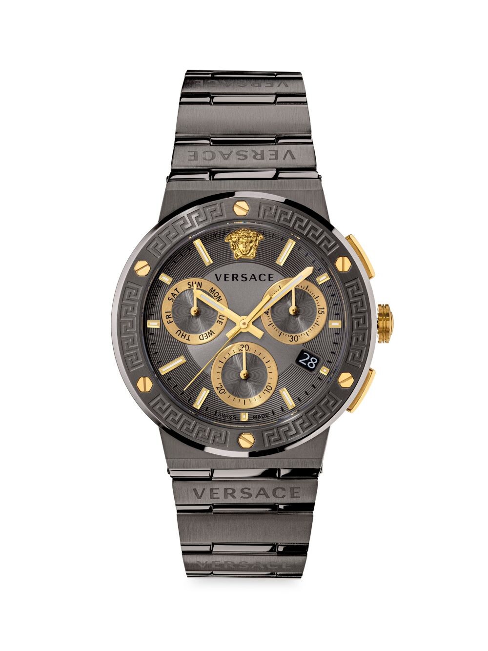 

Часы Greca Logo Chrono IP Gunmetal с хронографом и браслетом Versace, серый