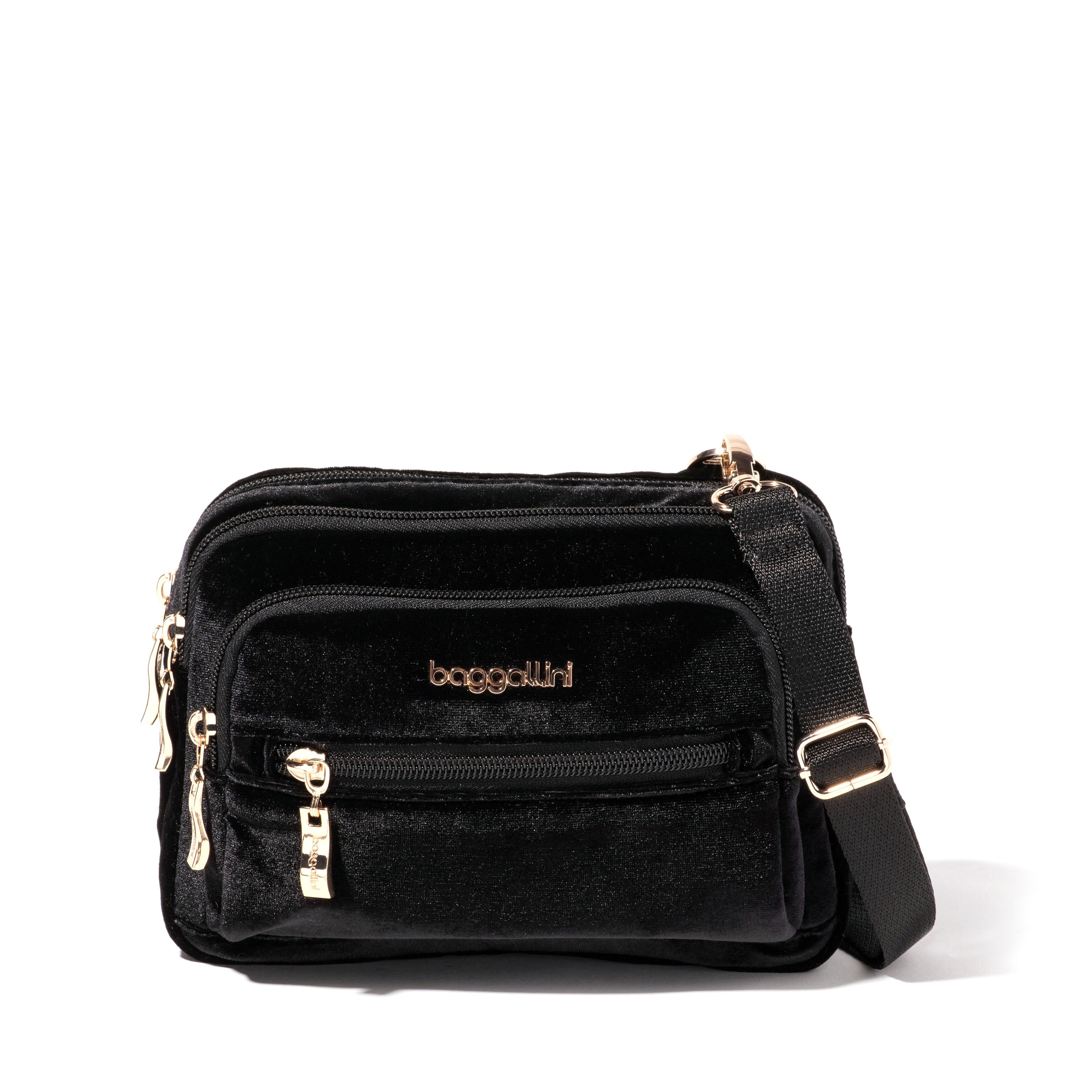 

Baggallini Женская маленькая сумка через плечо Bagg с тройной молнией, цвет Black Velvet With Gold Hardware