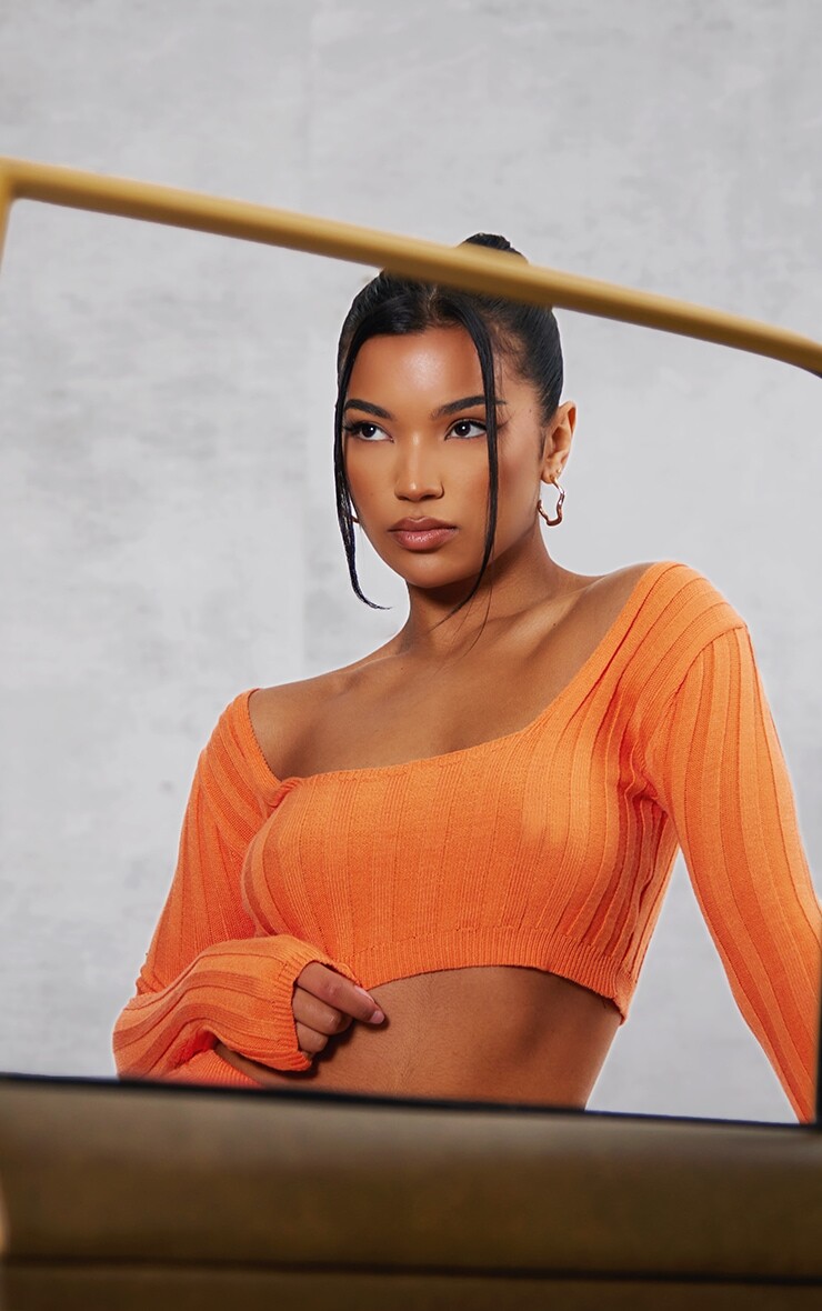 

PrettyLittleThing Оранжевый вязаный топ с квадратным вырезом в рубчик