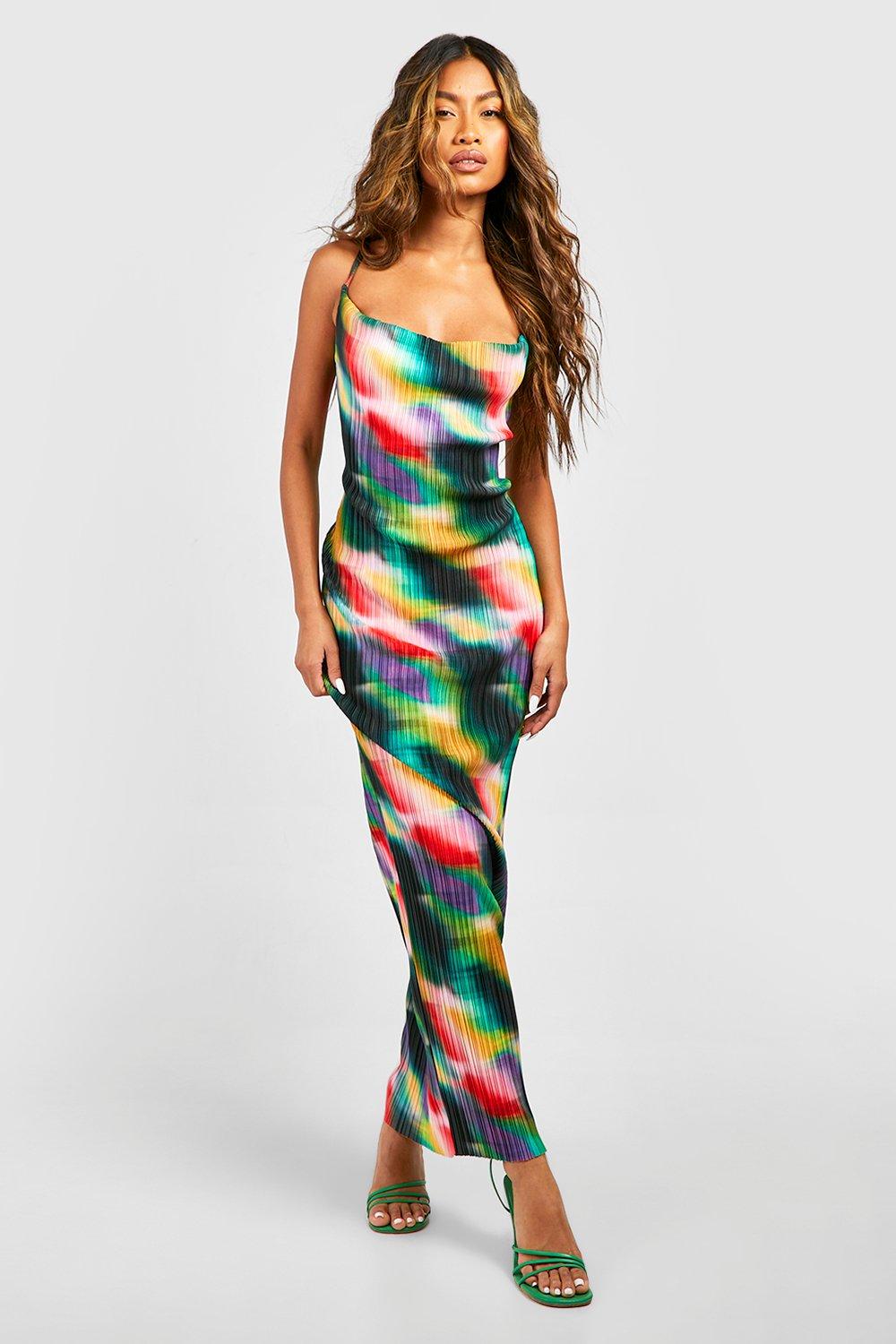 Платье макси с абстрактной плиссой Boohoo, разноцветный