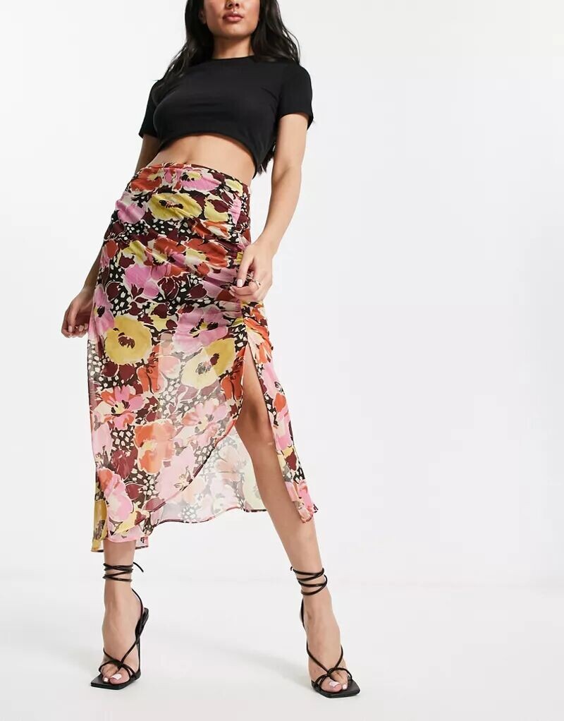

Оранжевая шифоновая юбка миди со сборками и цветочным принтом Miss Selfridge