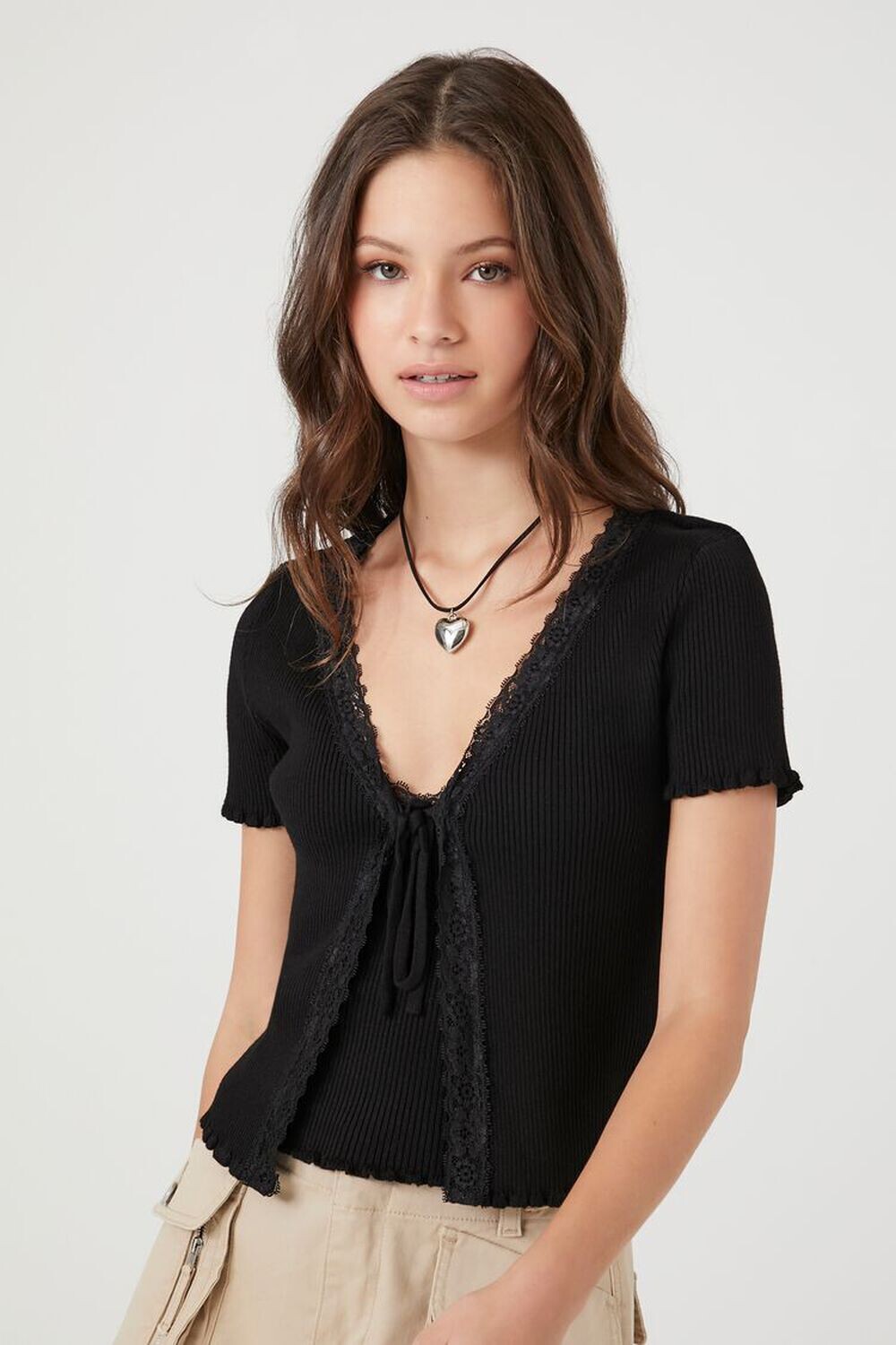 

Свитер с кружевной отделкой и вязаный топ Forever 21, черный