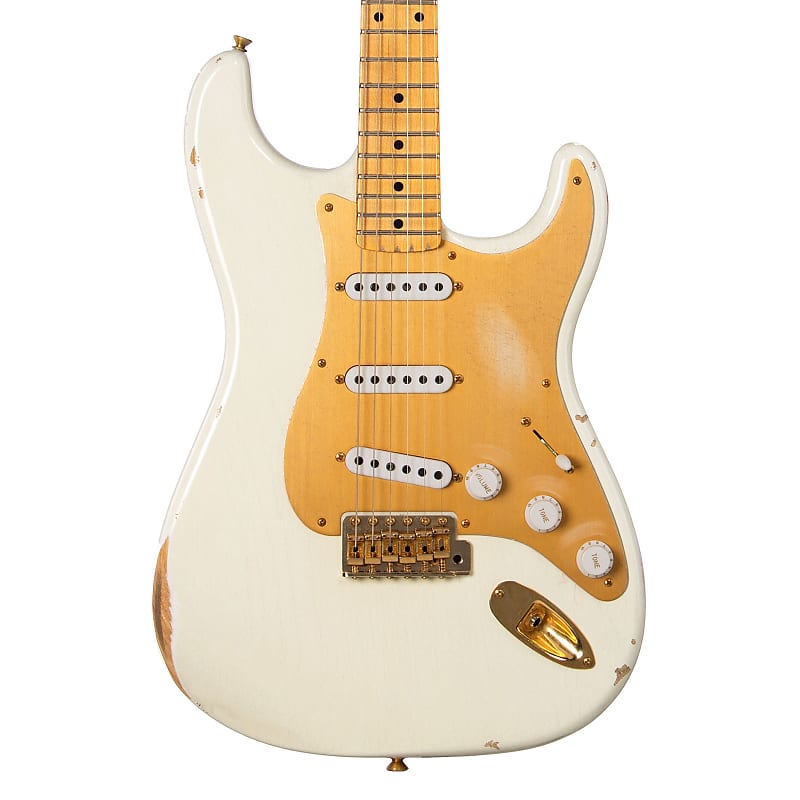 электрогитара fender custom shop limited edition 70th anniversary 1954 stratocaster heavy relic wide fade 2 tone sunburst 7 65 lbs Электрогитара Fender Custom Shop Limited Edition 70th Anniversary 1954 Stratocaster Relic - Aged Olympic White w/Gold Hardware - 1 off Electric Guitar NEW!