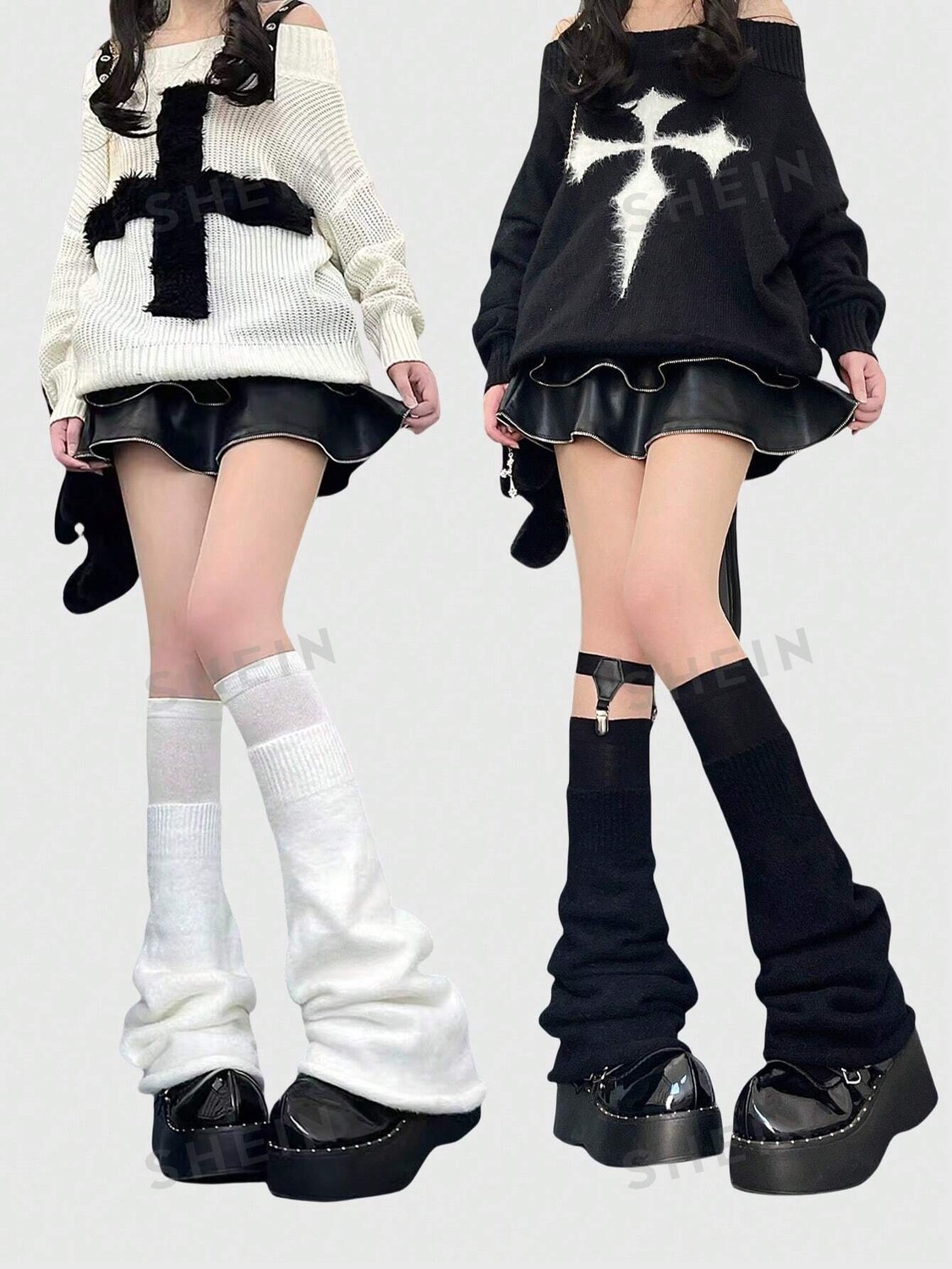 

Goth Y2K Расклешенные вязаные гетры, 2 пары Romwe, черно-белый