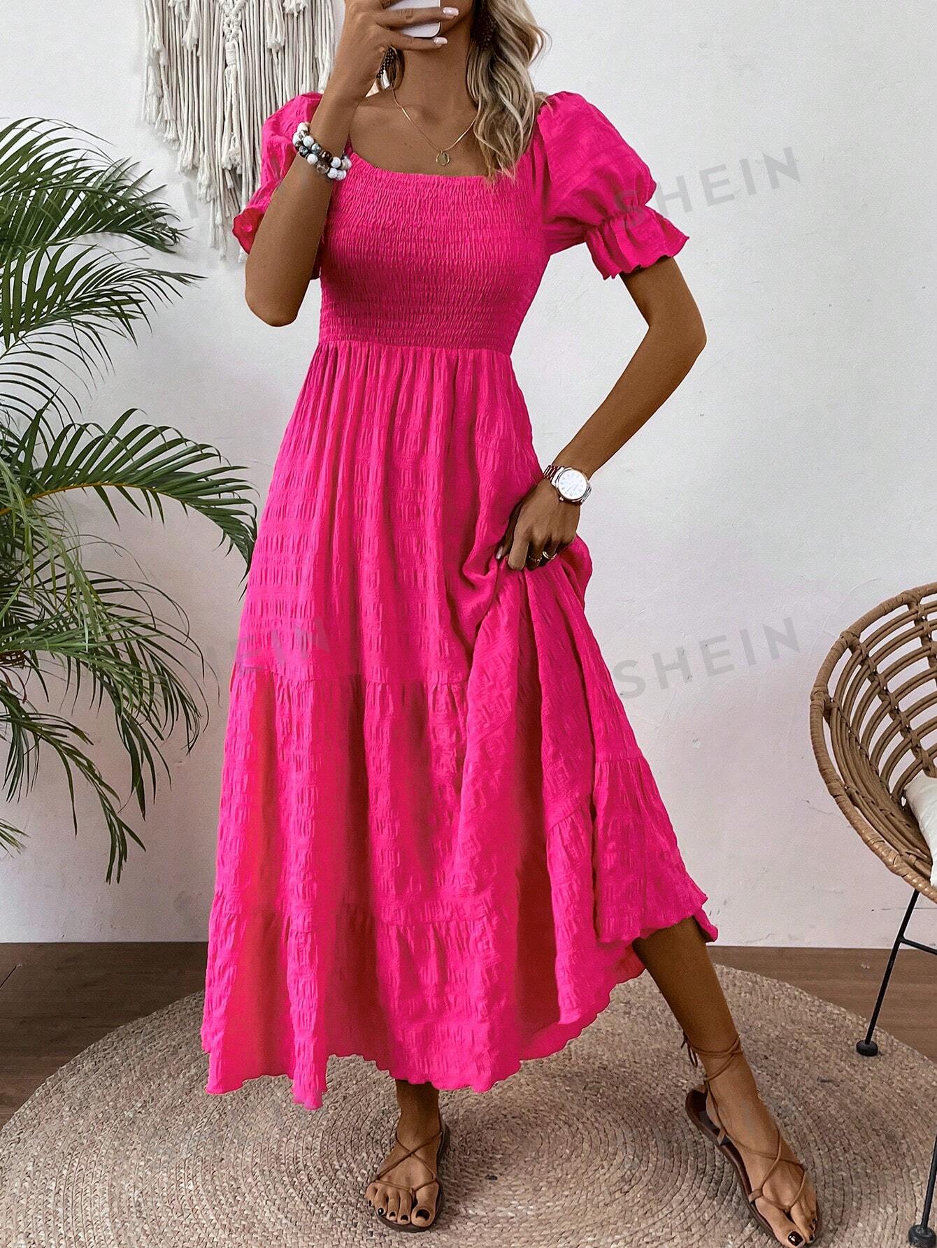 Женское платье с квадратным вырезом и объемными рукавами, ярко-розовый