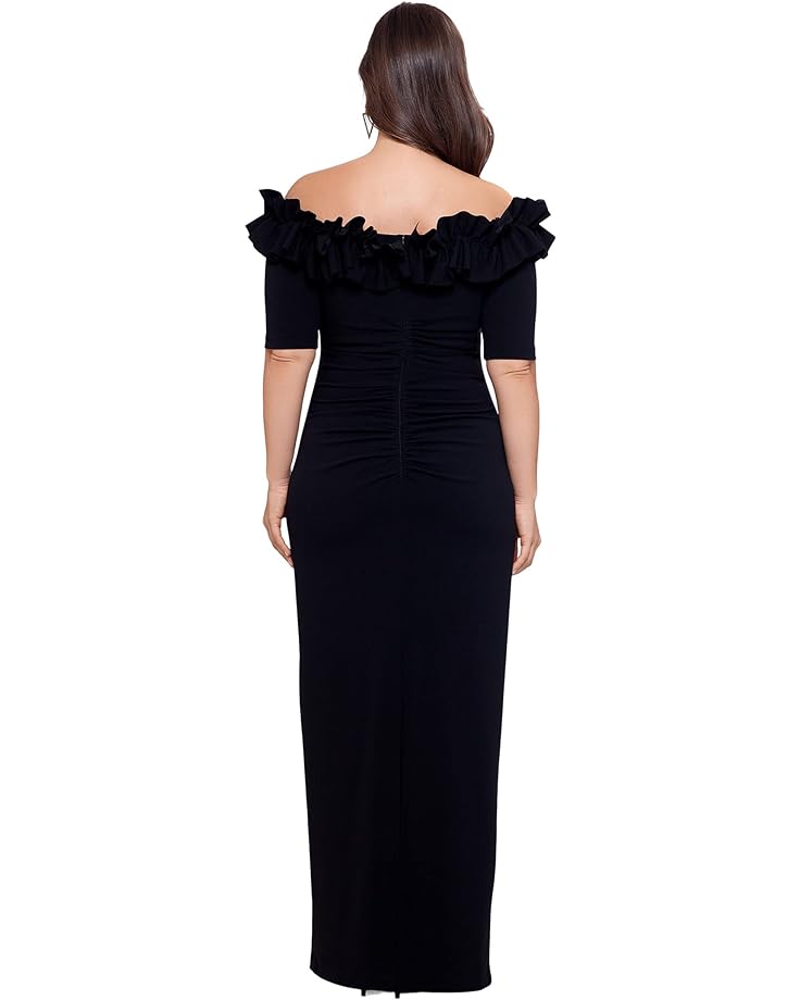 цена Платье XSCAPE Plus Size Long Crepe Off-the-Shoulder Ruffle Shift Sleeve, черный