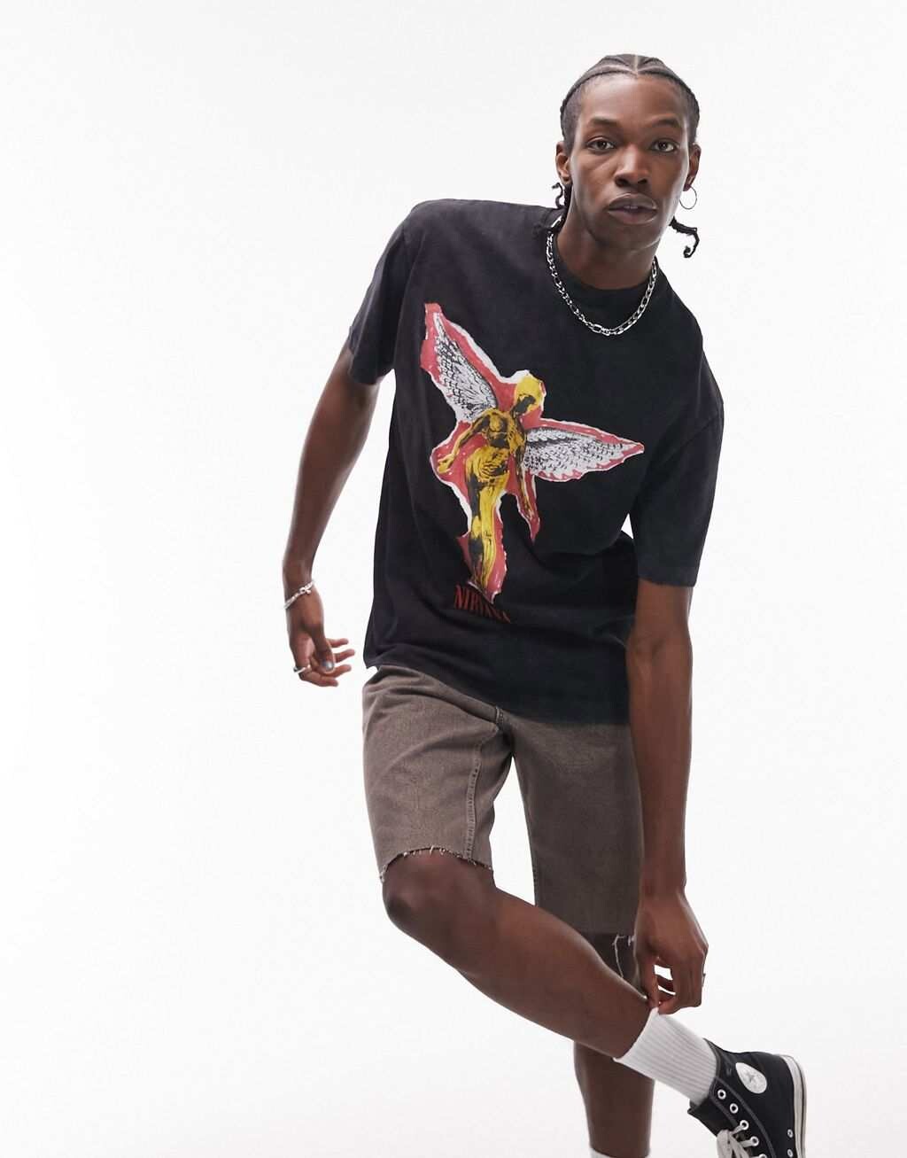 

Черная футболка оверсайз с принтом Nirvana Angel Topman