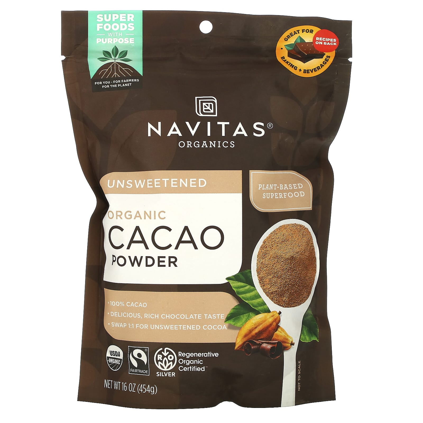 Navitas Organics Органический порошок какао 16 унц. (454 г) nunaturals органический какао порошок 454 г 1 фунт