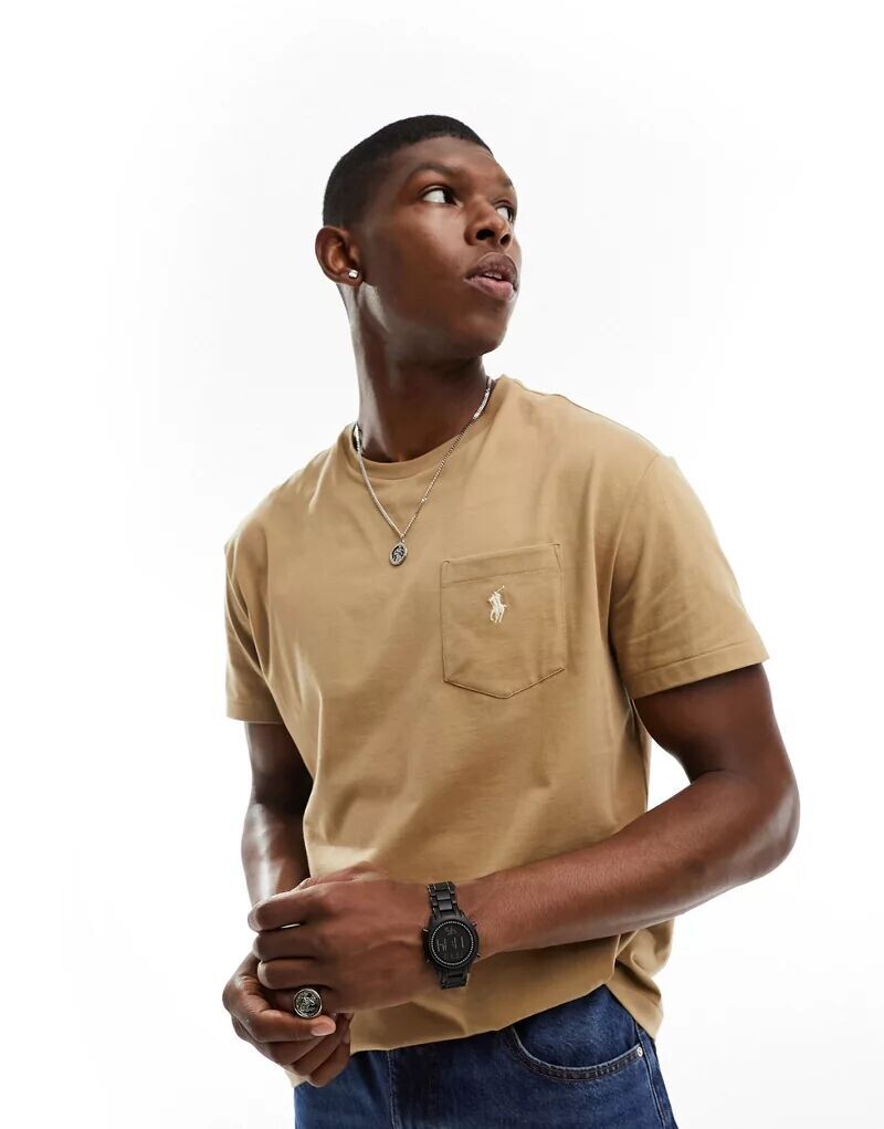 

Светло-коричневая классическая футболка оверсайз с карманом и логотипом Polo Ralph Lauren